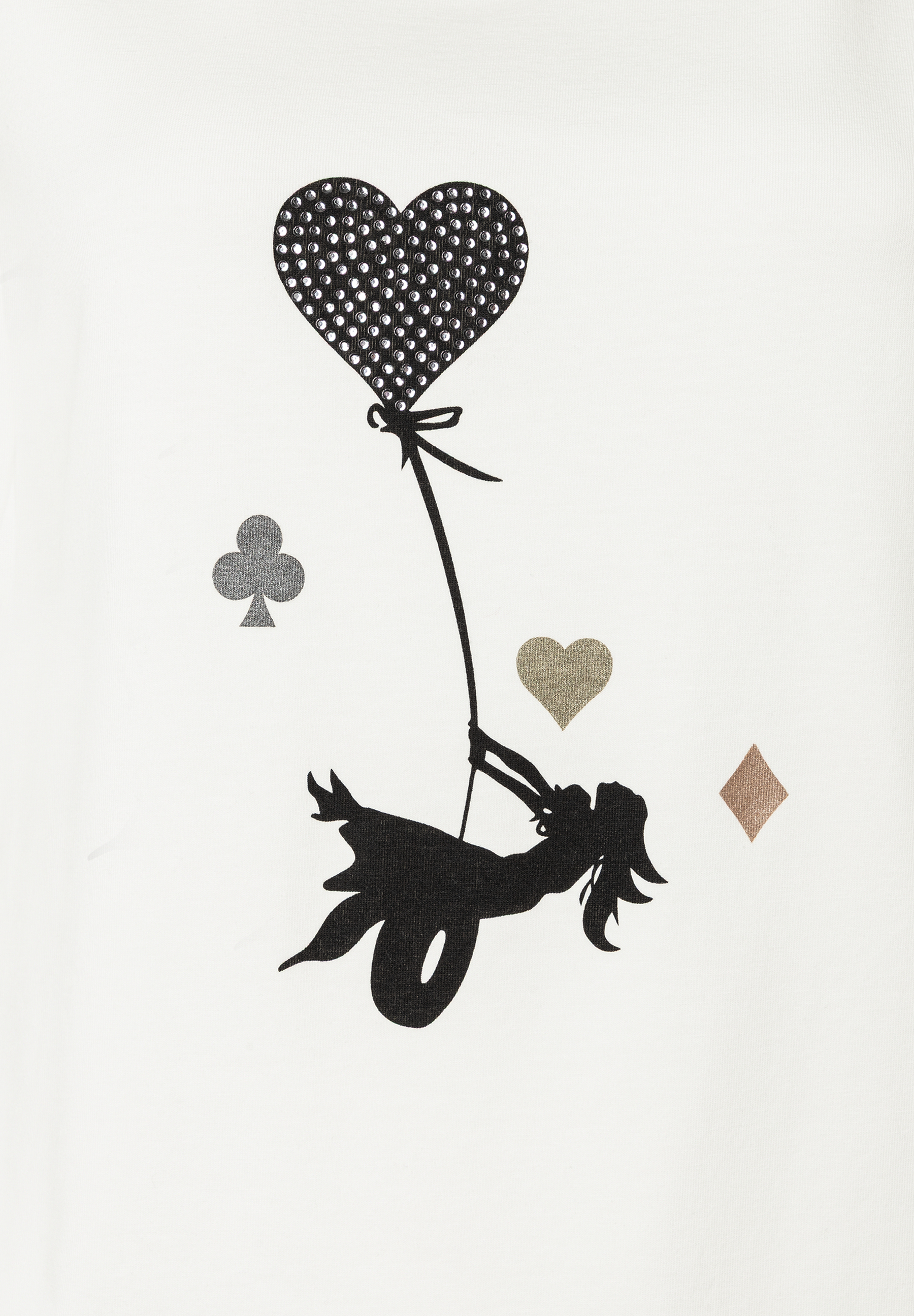 Ein MORE & MORE Oberteil mit einer schwebenden Frau, die an einem Herzballon hängt. Ein MORE & MORE Oberteil mit einer schwebenden Frau, die an einem Herzballon hängt.