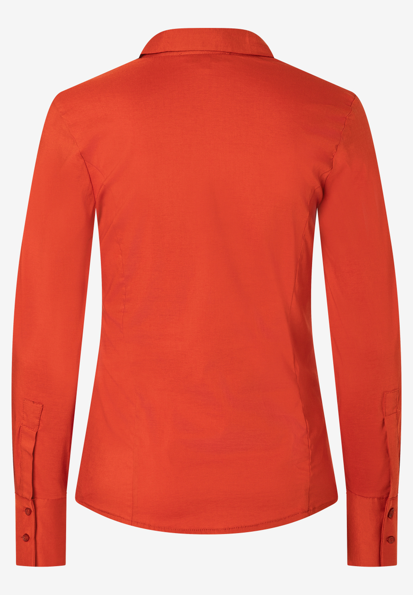 Rückansicht einer orangefarbenen MORE & MORE Bluse mit langen Ärmeln und Knopfverschluss. Rückansicht einer orangefarbenen MORE & MORE Bluse mit langen Ärmeln und Knopfverschluss.