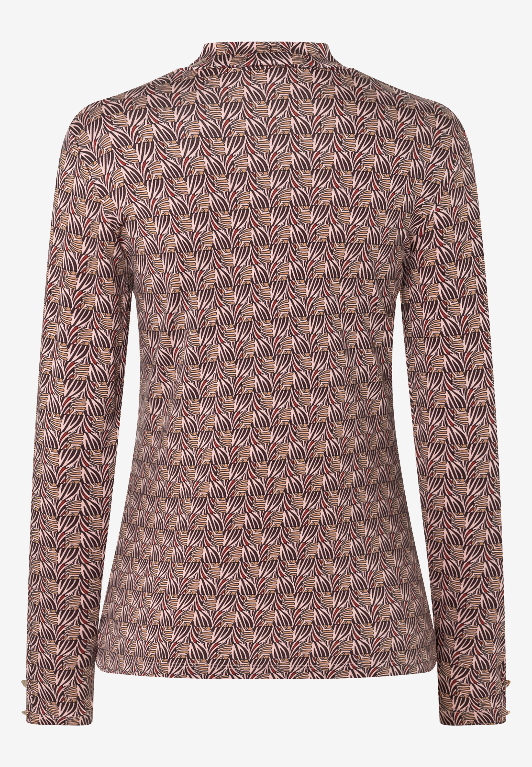 MORE & MORE Langarm-Shirt mit Blättermuster in Braun, Rot und Beige, Stehkragen und Manschetten mit drei Knöpfen