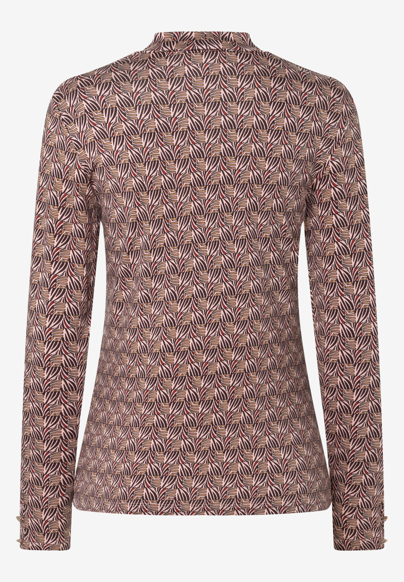 MORE & MORE Langarm-Shirt mit Blättermuster in Braun, Rot und Beige, Stehkragen und Manschetten mit drei Knöpfen MORE & MORE Langarm-Shirt mit Blättermuster in Braun, Rot und Beige, Stehkragen und Manschetten mit drei Knöpfen