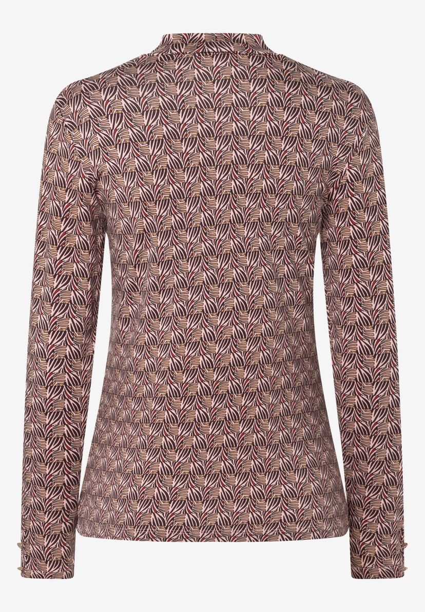 MORE & MORE Langarmshirt aus elastischem Jersey-Material. Mit braun-beigem Blattmuster und kleinem Stehkragen. MORE & MORE Langarmshirt aus elastischem Jersey-Material. Mit braun-beigem Blattmuster und kleinem Stehkragen.