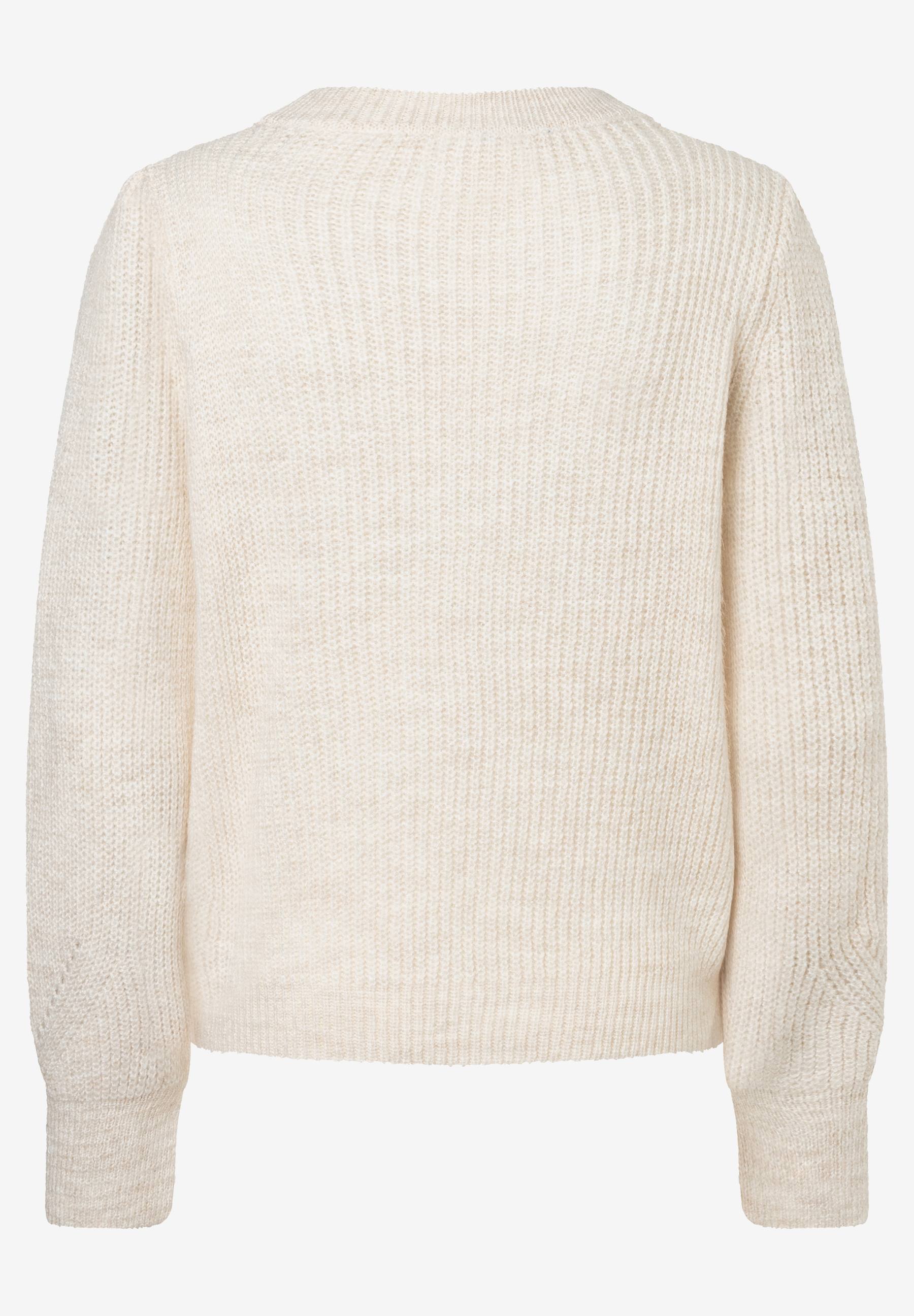 Ein cremefarbener MORE & MORE Strickpullover mit Rundhalsausschnitt. Rückansicht des Oberteils. Ein cremefarbener MORE & MORE Strickpullover mit Rundhalsausschnitt. Rückansicht des Oberteils.