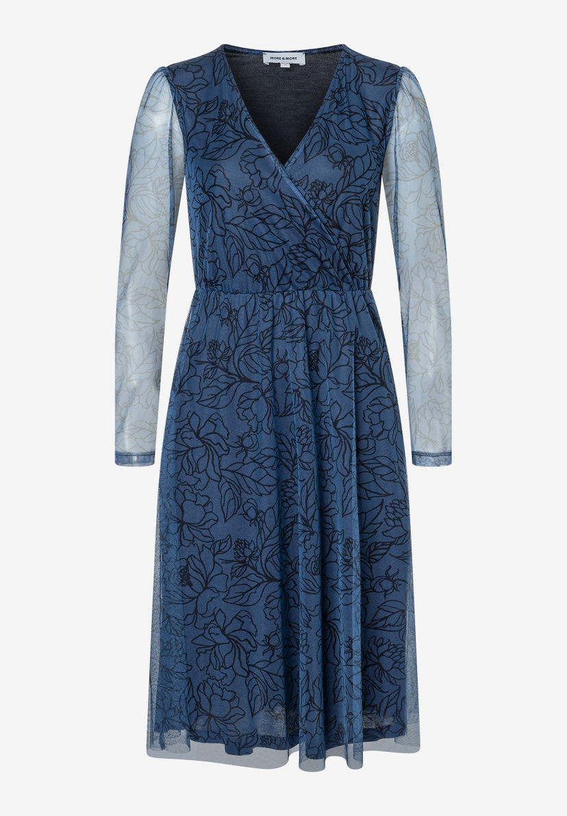Blaues MORE & MORE Mesh-Kleid mit Blumenmuster und langen Ärmeln. Blaues MORE & MORE Mesh-Kleid mit Blumenmuster und langen Ärmeln.