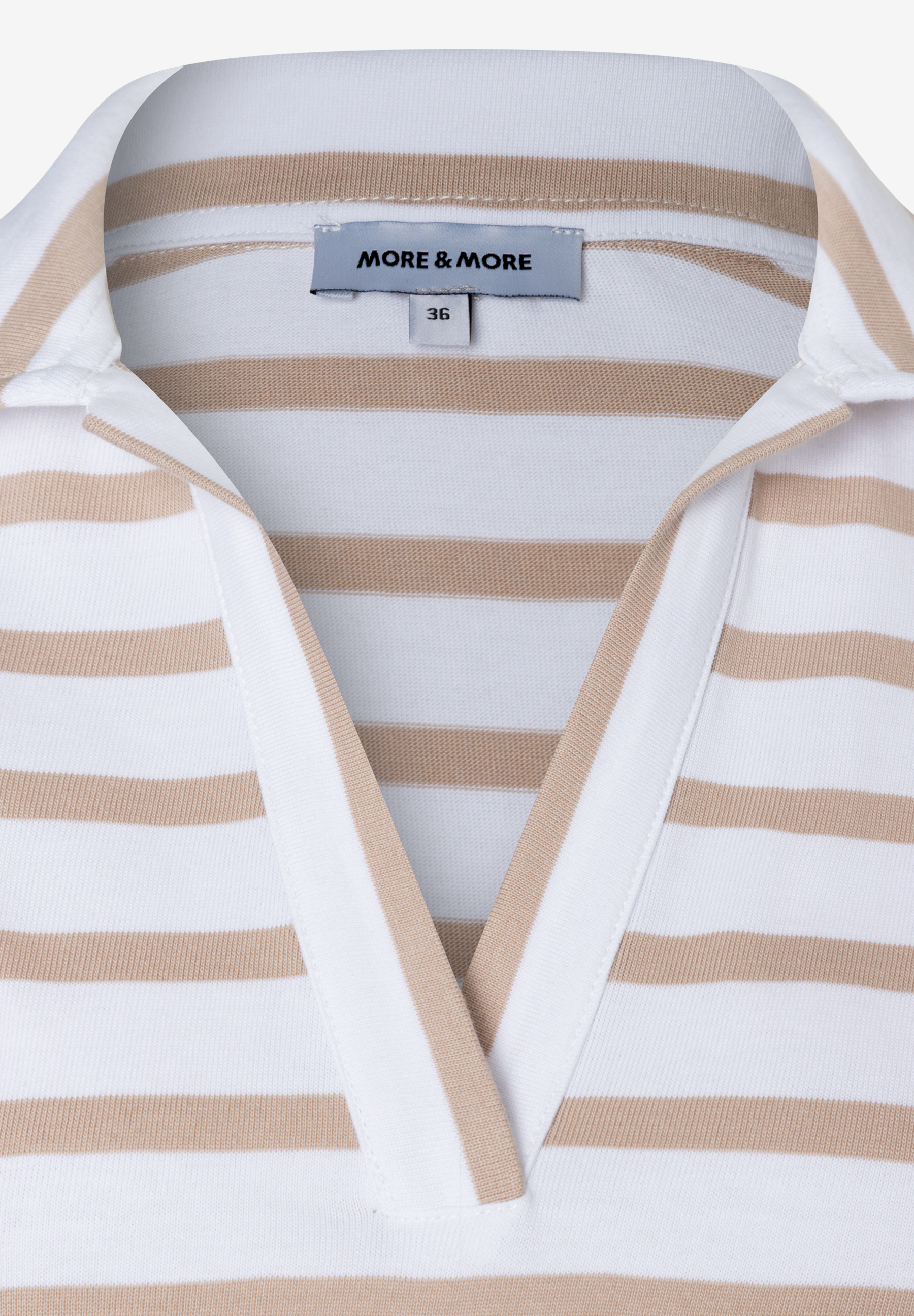 Detailansicht eines gestreiften MORE & MORE T-Shirts/Tops mit Polokragen und Größenetikett.