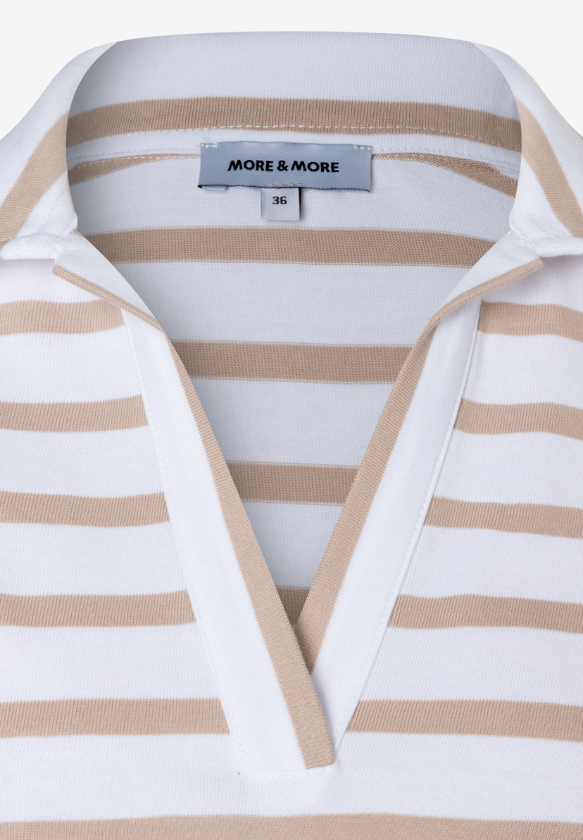 Detailansicht eines gestreiften MORE & MORE T-Shirts/Tops mit Polokragen und Größenetikett.