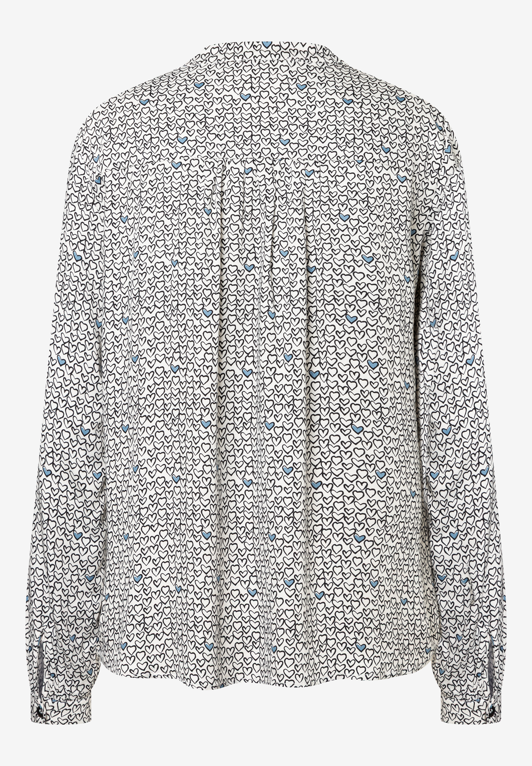 Eine MORE & MORE Bluse mit blau-schwarzem Herzmuster. Lange Ärmel und Knopfmanschetten. Eine MORE & MORE Bluse mit blau-schwarzem Herzmuster. Lange Ärmel und Knopfmanschetten.