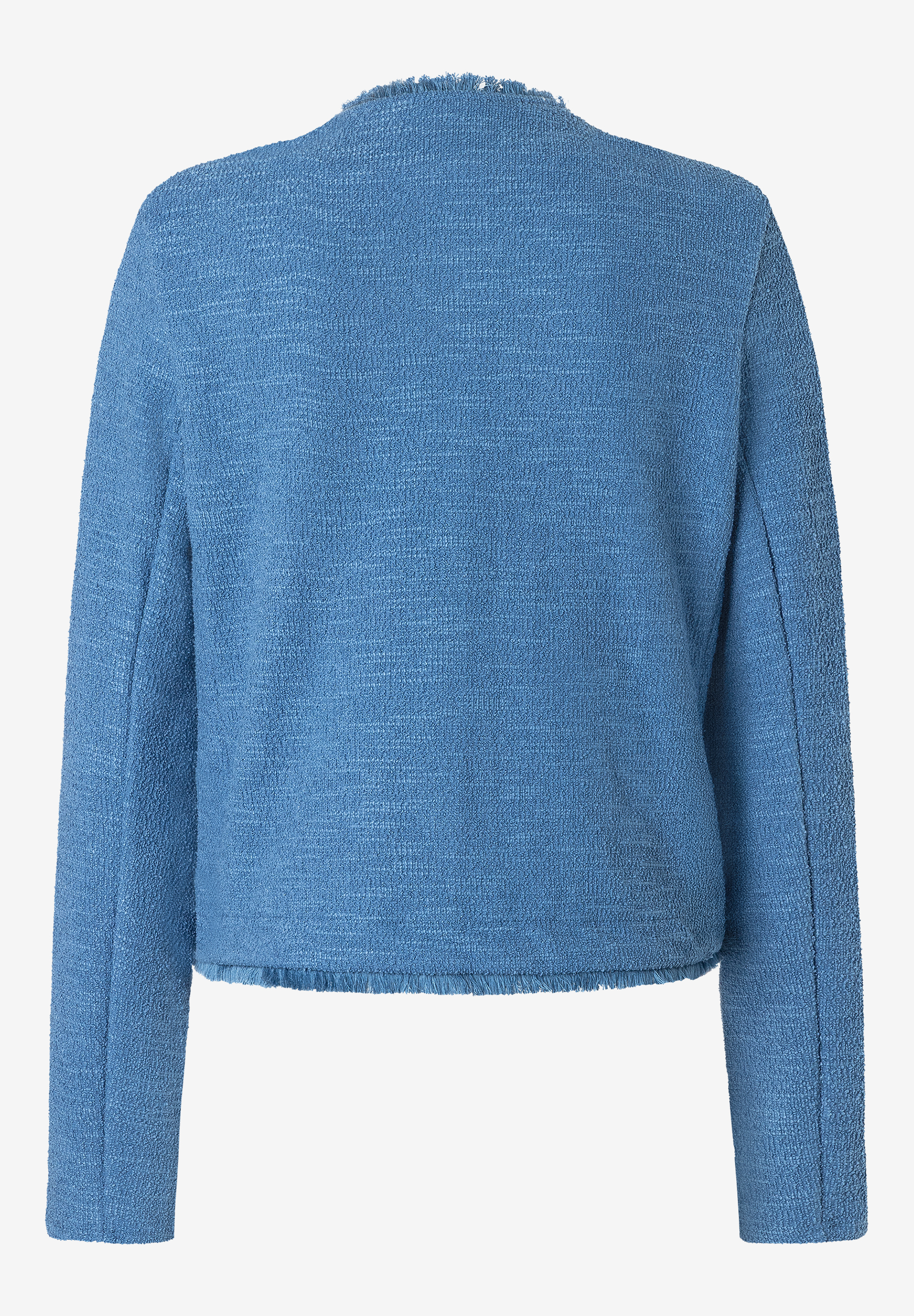 Ein blauer MORE & MORE Blazer mit Bouclé-Strukturjersey für angenehmen Tragekomfort. Ein blauer MORE & MORE Blazer mit Bouclé-Strukturjersey für angenehmen Tragekomfort.