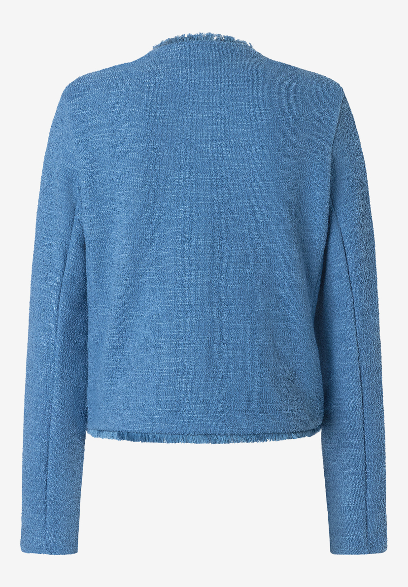 Ein blauer MORE & MORE Blazer mit Bouclé-Strukturjersey für angenehmen Tragekomfort. Ein blauer MORE & MORE Blazer mit Bouclé-Strukturjersey für angenehmen Tragekomfort.