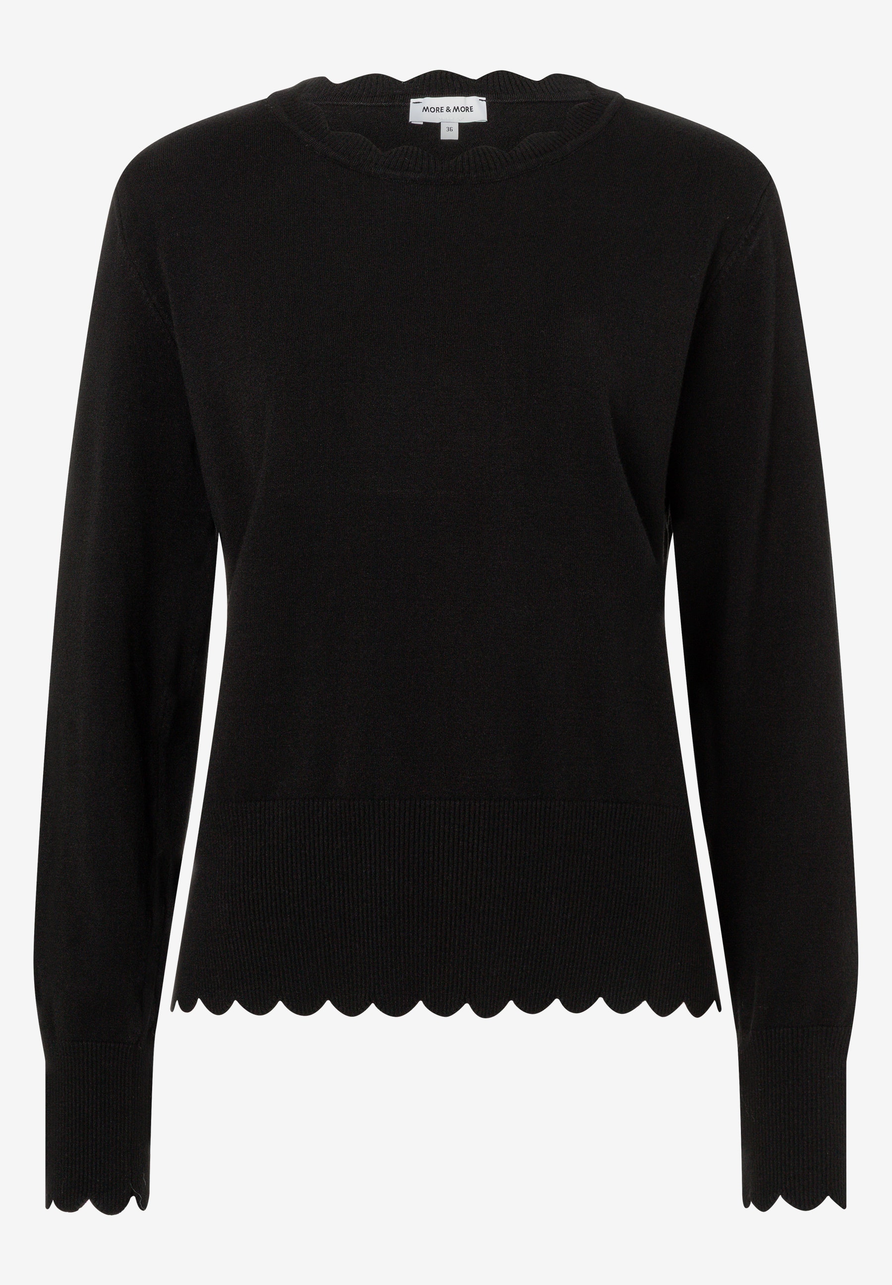 MORE & MORE Feinstrick-Pullover in Schwarz. Der Oberteil ist aus elastischem Material und hat einen Wellensaum. MORE & MORE Feinstrick-Pullover in Schwarz. Der Oberteil ist aus elastischem Material und hat einen Wellensaum.