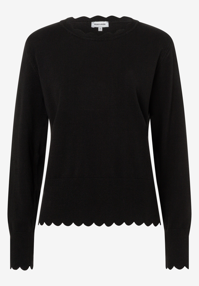 MORE & MORE Feinstrick-Pullover in Schwarz. Der Oberteil ist aus elastischem Material und hat einen Wellensaum. MORE & MORE Feinstrick-Pullover in Schwarz. Der Oberteil ist aus elastischem Material und hat einen Wellensaum.