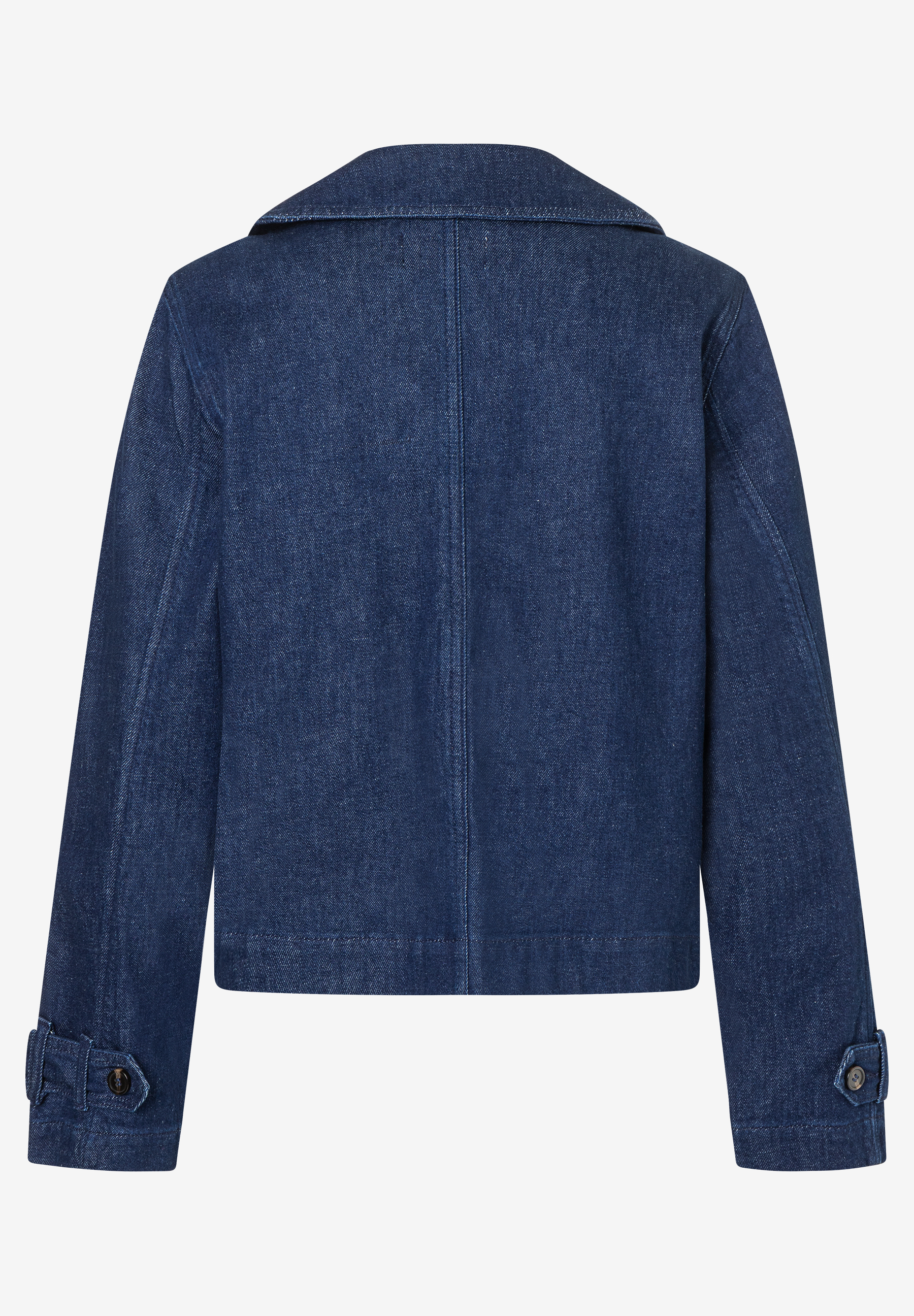 Rückansicht einer blauen MORE & MORE Jeansjacke mit Kragen und Manschetten, gefertigt aus robustem Denim. Rückansicht einer blauen MORE & MORE Jeansjacke mit Kragen und Manschetten, gefertigt aus robustem Denim.