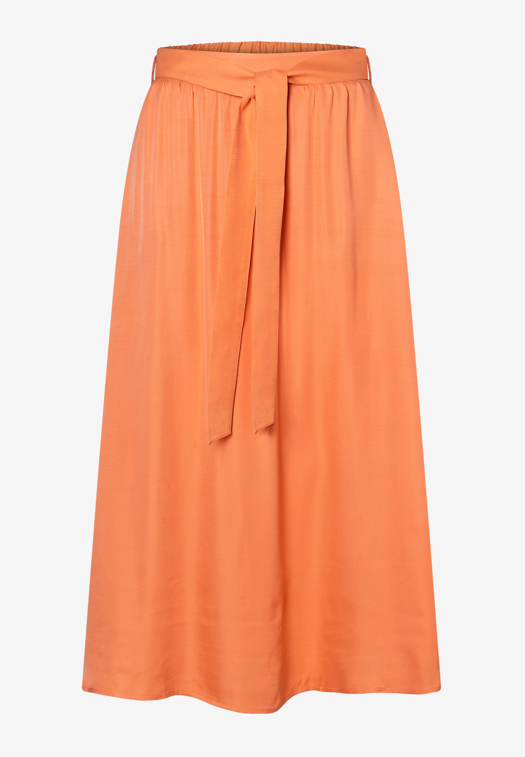 Ein orangefarbener MORE & MORE Rock aus Viskose mit Bindegürtel.