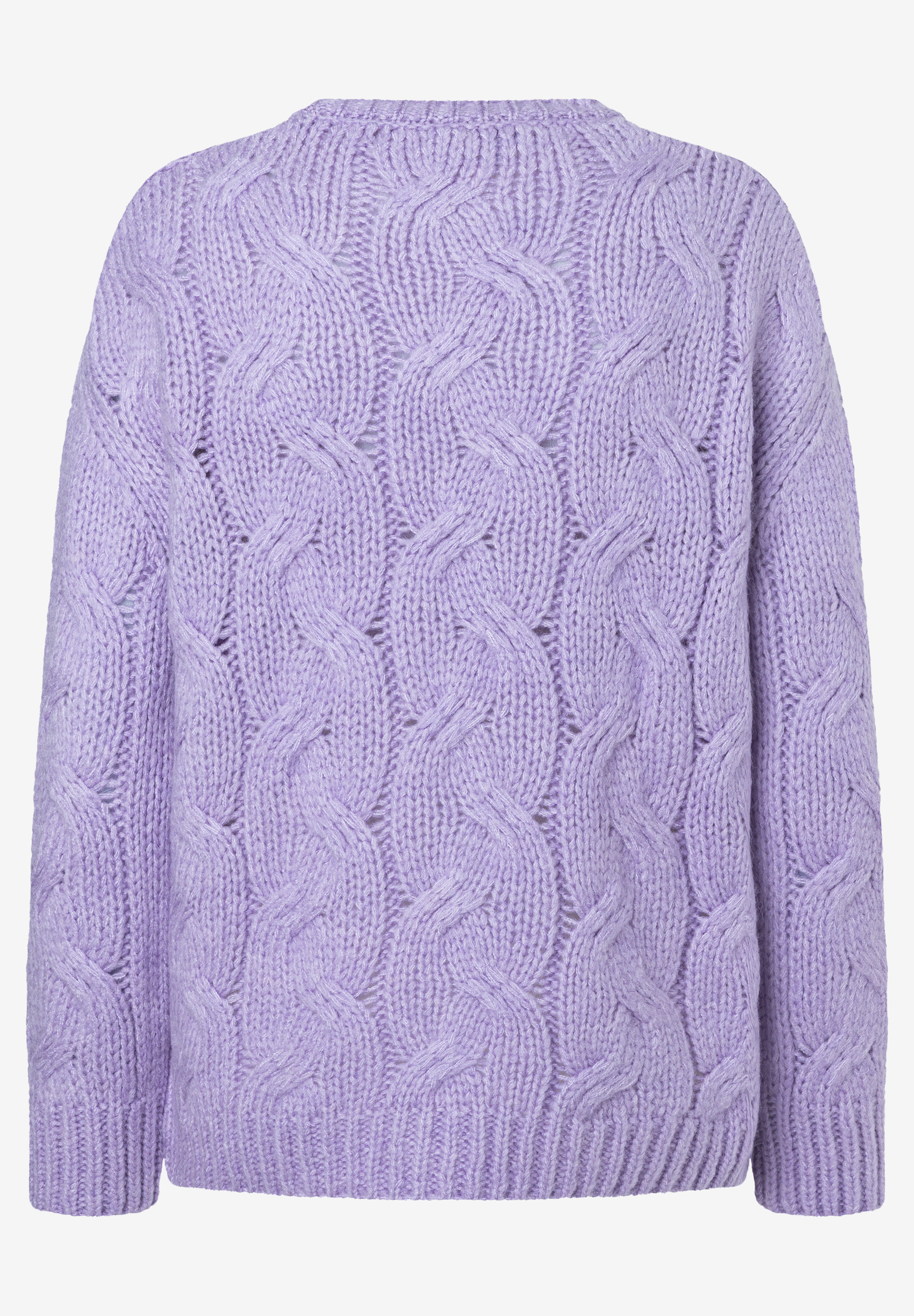 MORE & MORE Pullover in Flieder mit Zopfmuster, Rückansicht. MORE & MORE Pullover in Flieder mit Zopfmuster, Rückansicht.