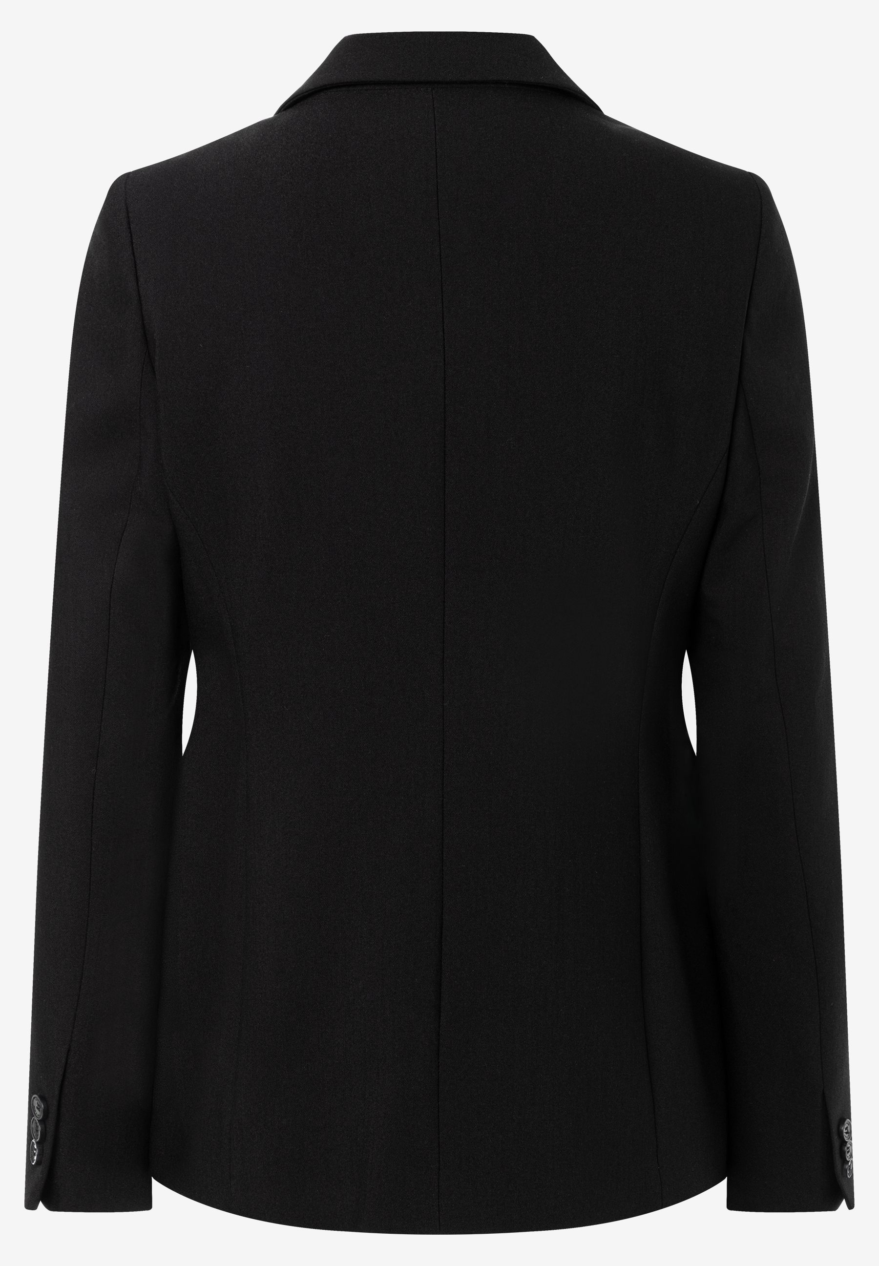 MORE & MORE Blazer in Schwarz, Rückenansicht. Die Jacke hat einen Kragen und lange Ärmel mit vier Knöpfen an den Manschetten.