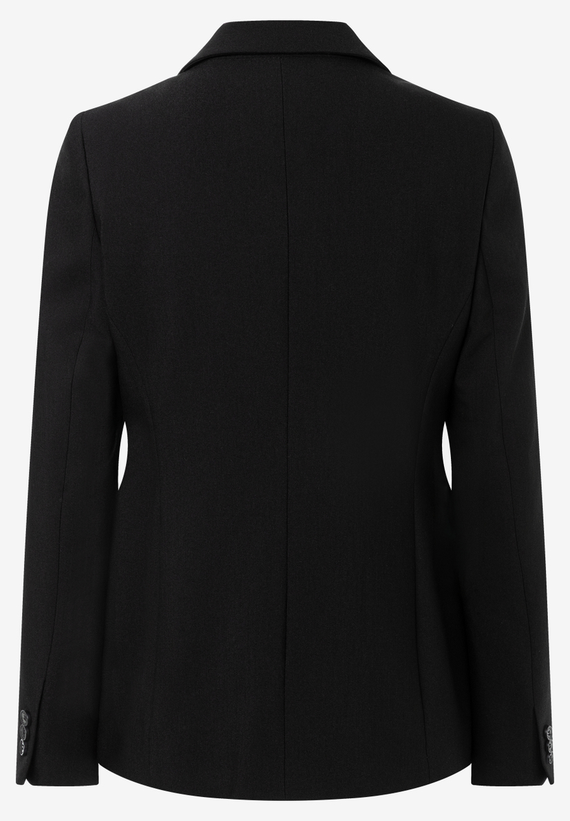 MORE & MORE Blazer in Schwarz, Rückenansicht. Die Jacke hat einen Kragen und lange Ärmel mit vier Knöpfen an den Manschetten. MORE & MORE Blazer in Schwarz, Rückenansicht. Die Jacke hat einen Kragen und lange Ärmel mit vier Knöpfen an den Manschetten.