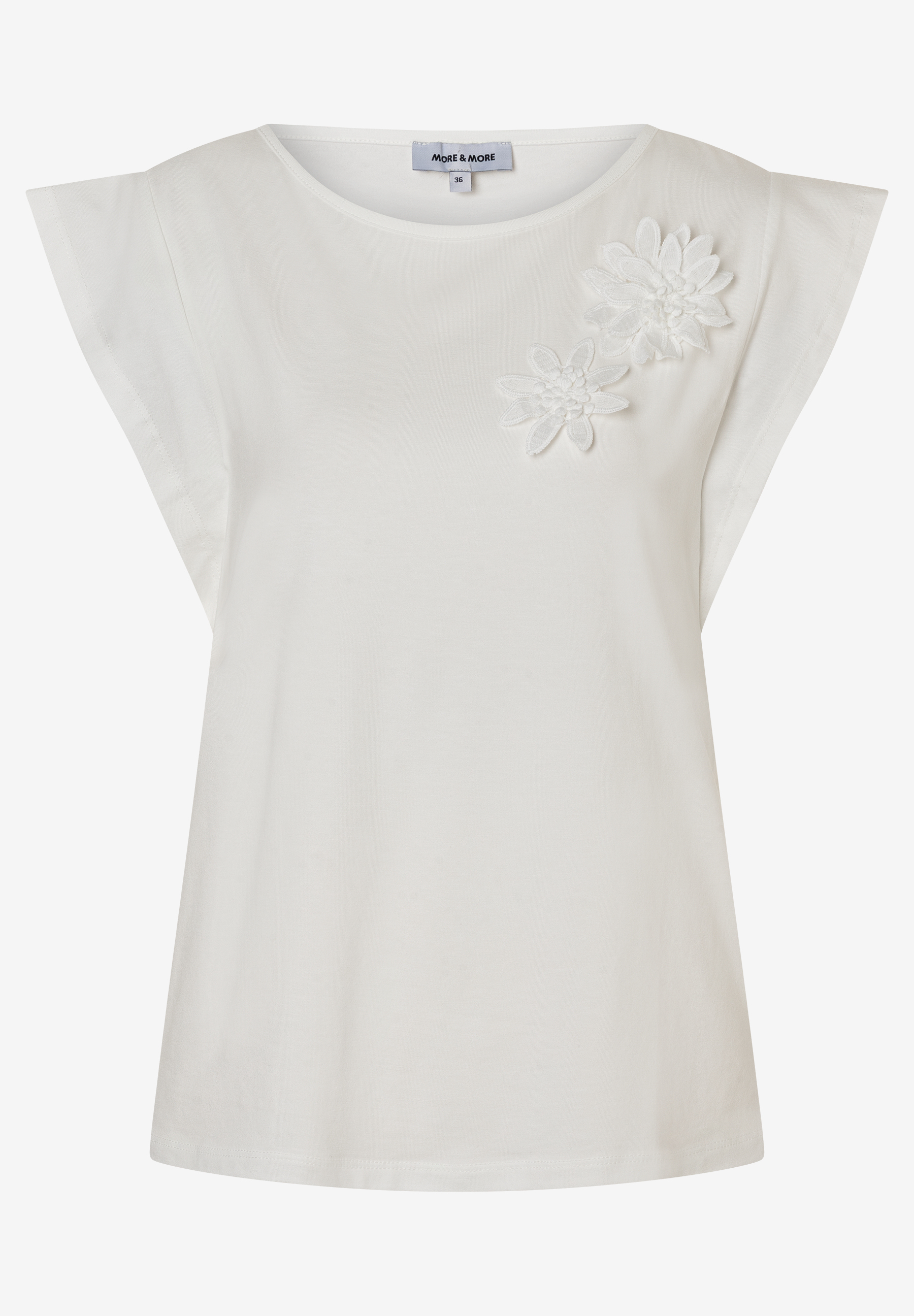 MORE & MORE weißes T-Shirt aus elastischem Jersey mit 3D-Blumenapplikationen auf der linken Brust, kurzer Raglanärmel MORE & MORE weißes T-Shirt aus elastischem Jersey mit 3D-Blumenapplikationen auf der linken Brust, kurzer Raglanärmel