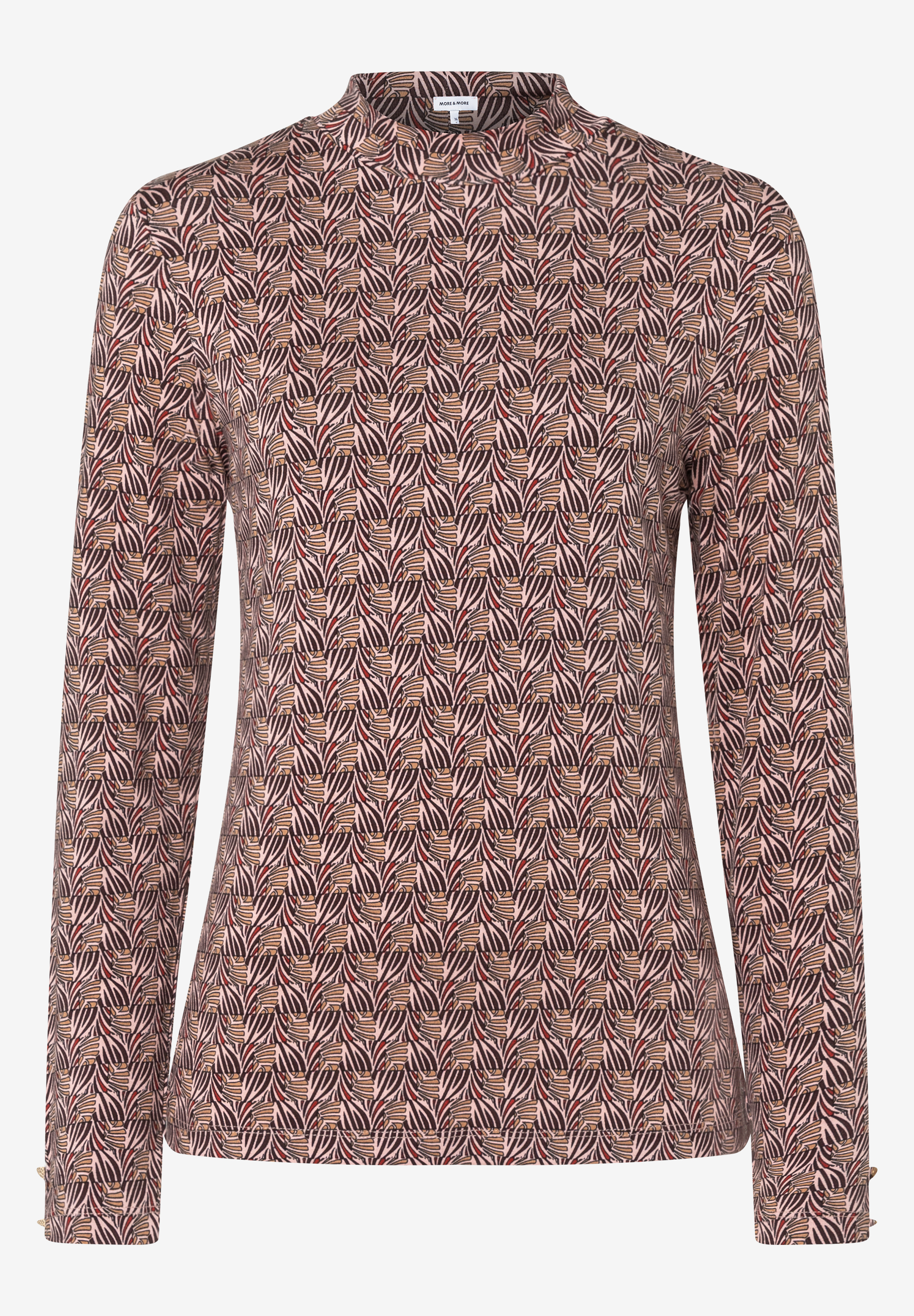 MORE & MORE Langarmshirt mit Stehkragen in Braun und Beige gemustert.