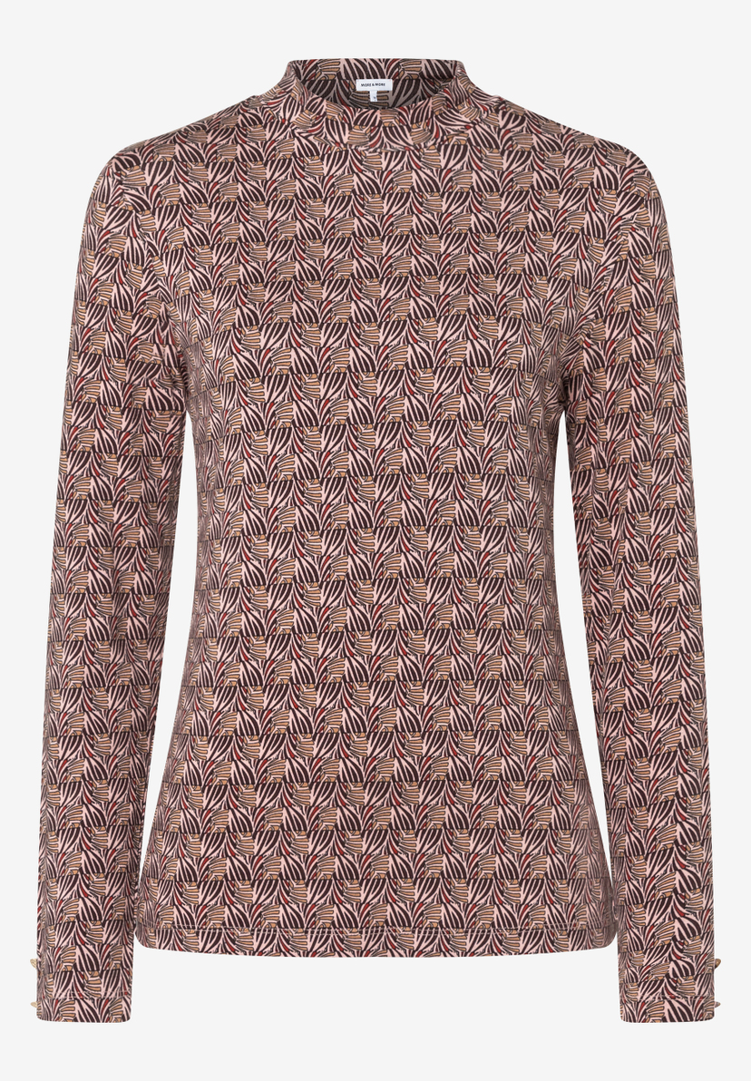 MORE & MORE Langarmshirt mit Stehkragen in Braun und Beige gemustert. MORE & MORE Langarmshirt mit Stehkragen in Braun und Beige gemustert.