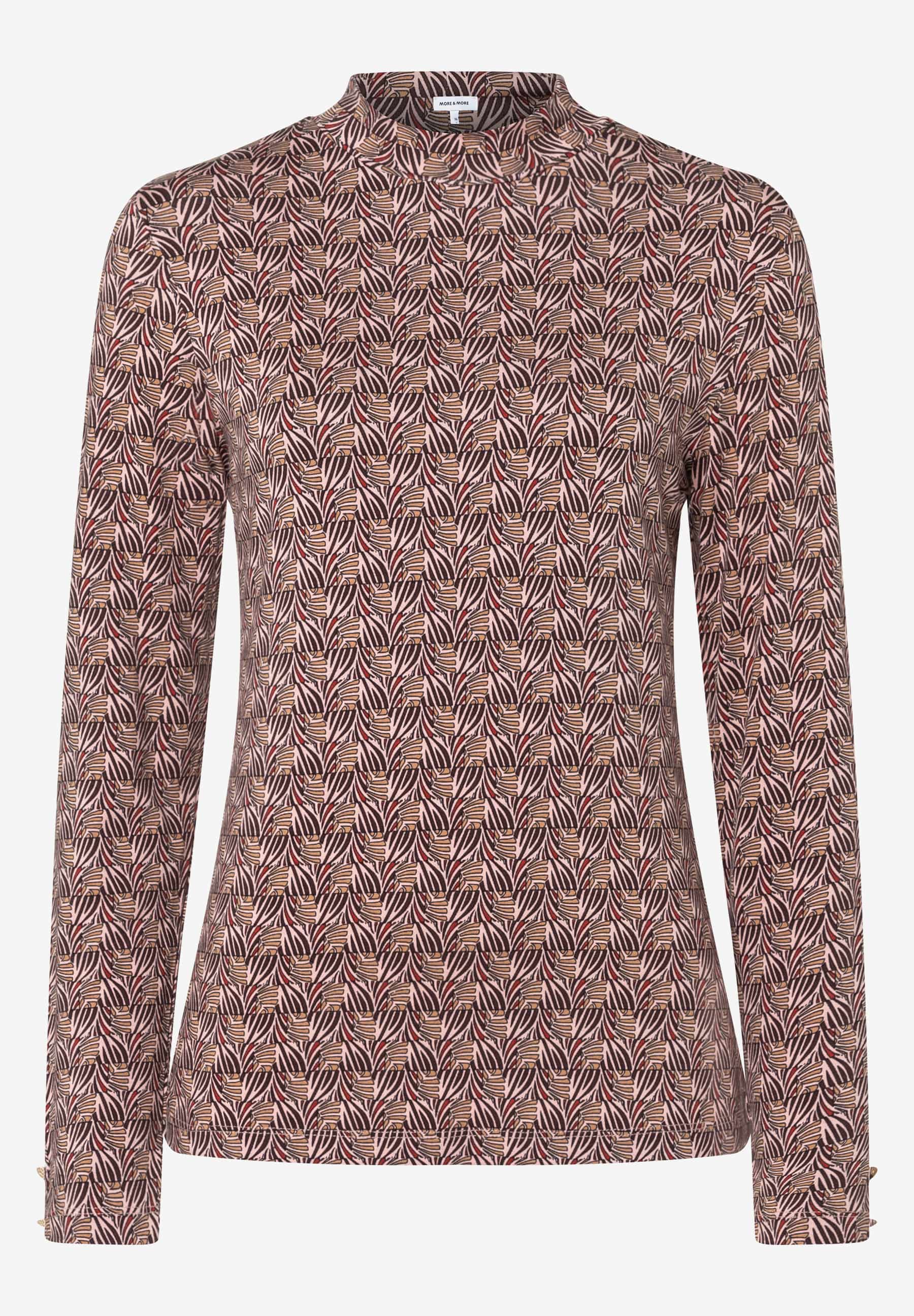 MORE & MORE Langarmshirt aus elastischem Jersey-Material mit Blättermuster in Braun- und Rottönen, Stehkragen und Manschettenknöpfen. MORE & MORE Langarmshirt aus elastischem Jersey-Material mit Blättermuster in Braun- und Rottönen, Stehkragen und Manschettenknöpfen.