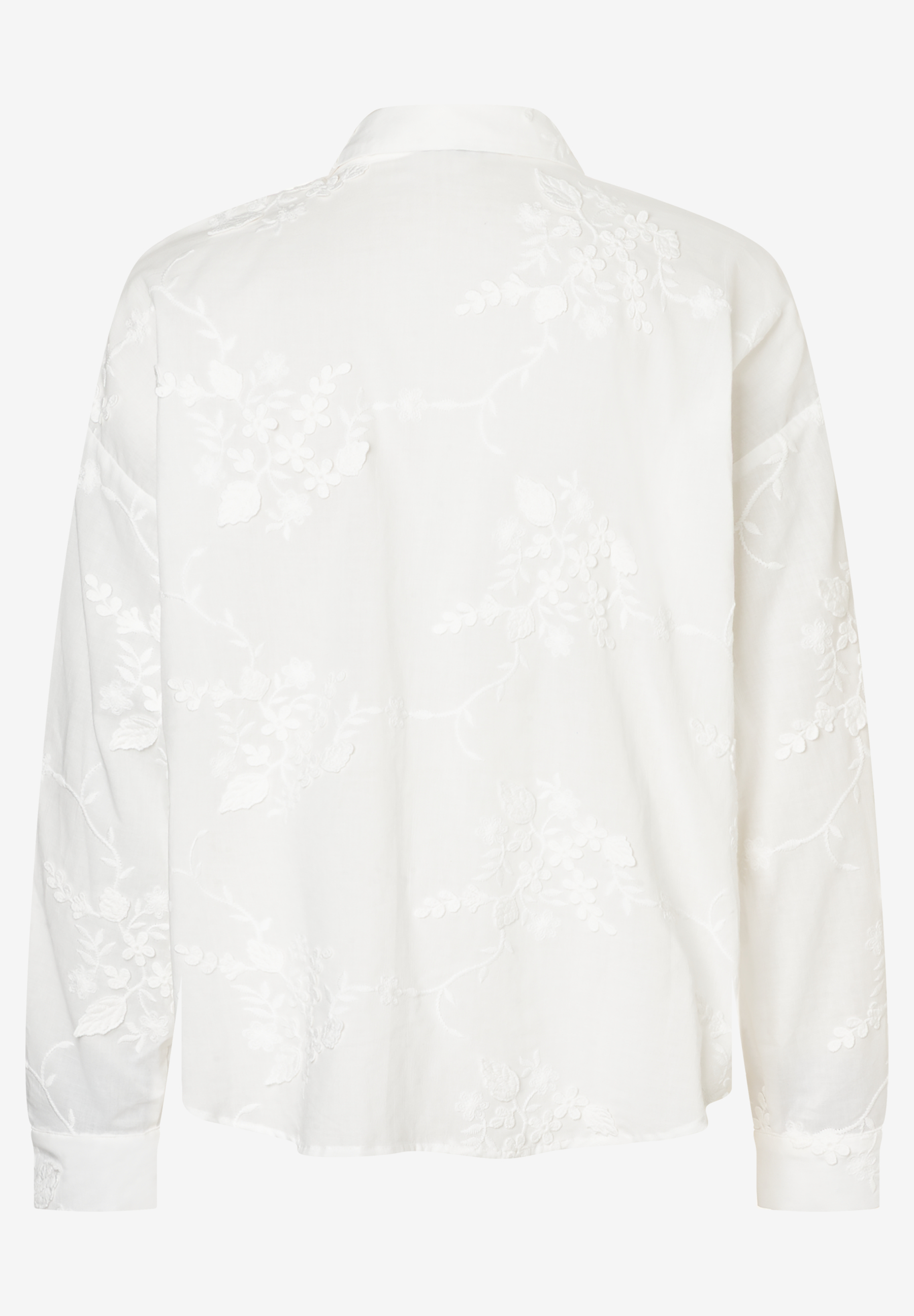 Die weiße MORE & MORE Bluse hat ein florales Muster. Die weiße MORE & MORE Bluse hat ein florales Muster.