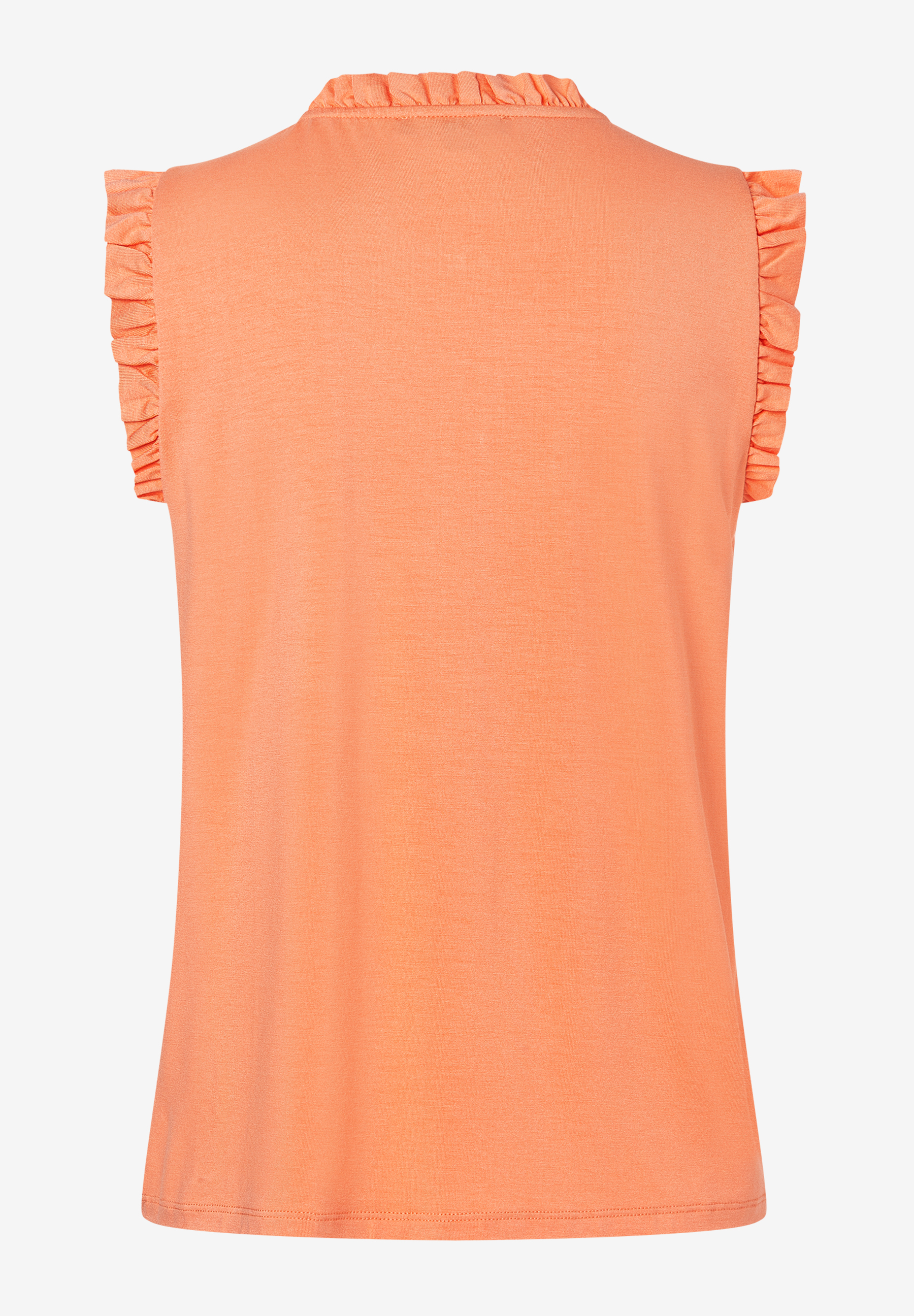 Pfirsichfarbenes MORE & MORE Top mit Rüschen an Ärmeln und Kragen.