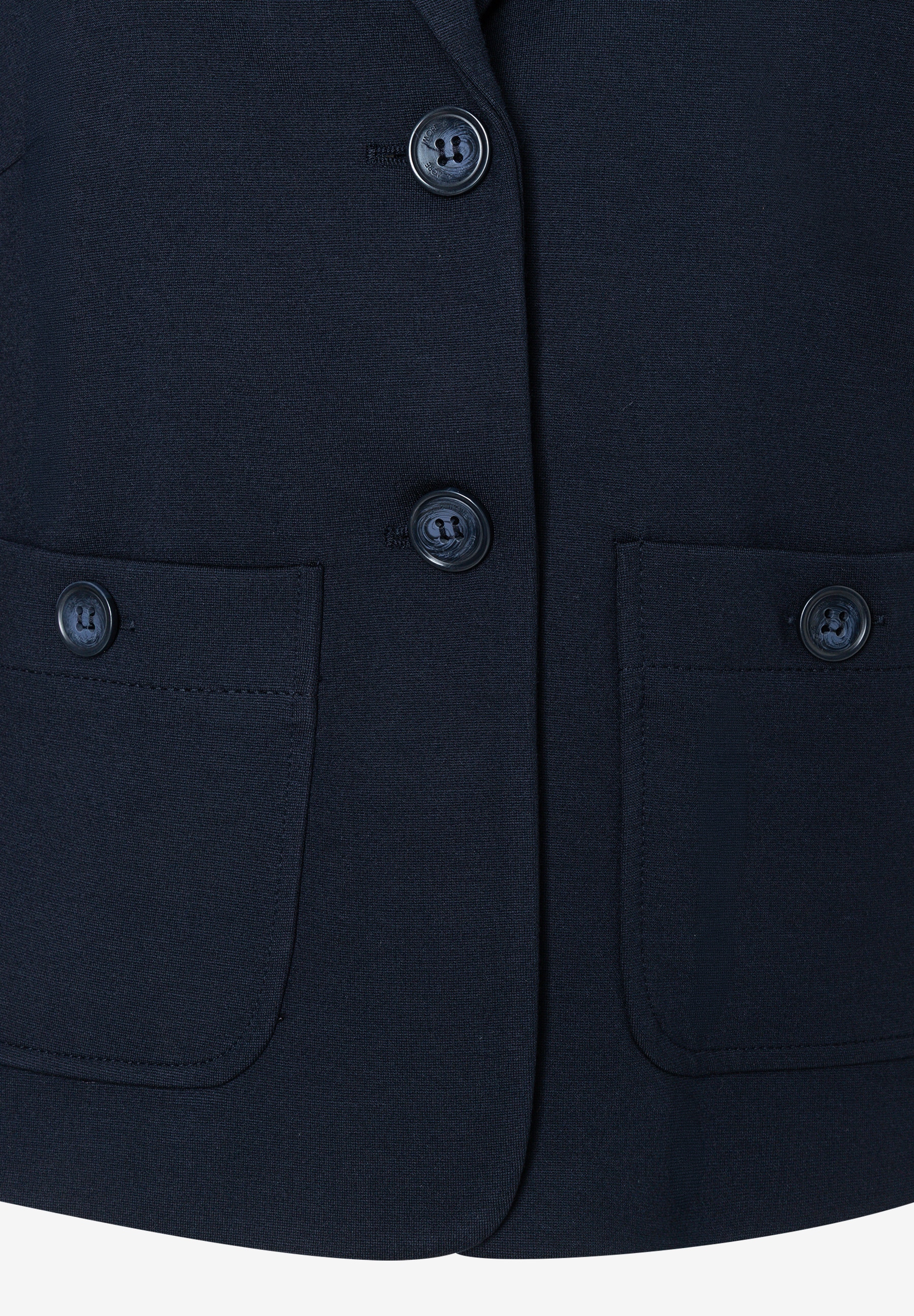 MORE & MORE marineblauer Jersey-Blazer mit drei Knöpfen, zwei aufgesetzten Taschen mit Knöpfen, aus Jersey, eng anliegend. MORE & MORE marineblauer Jersey-Blazer mit drei Knöpfen, zwei aufgesetzten Taschen mit Knöpfen, aus Jersey, eng anliegend.