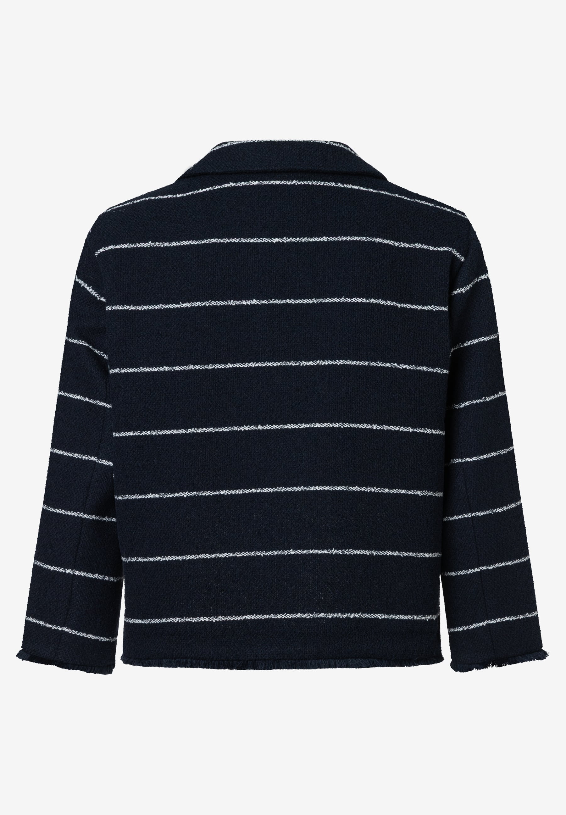 Ein Bouclé-Blazer von MORE & MORE mit weißen Streifen auf dunklem Grund. Ein Bouclé-Blazer von MORE & MORE mit weißen Streifen auf dunklem Grund.