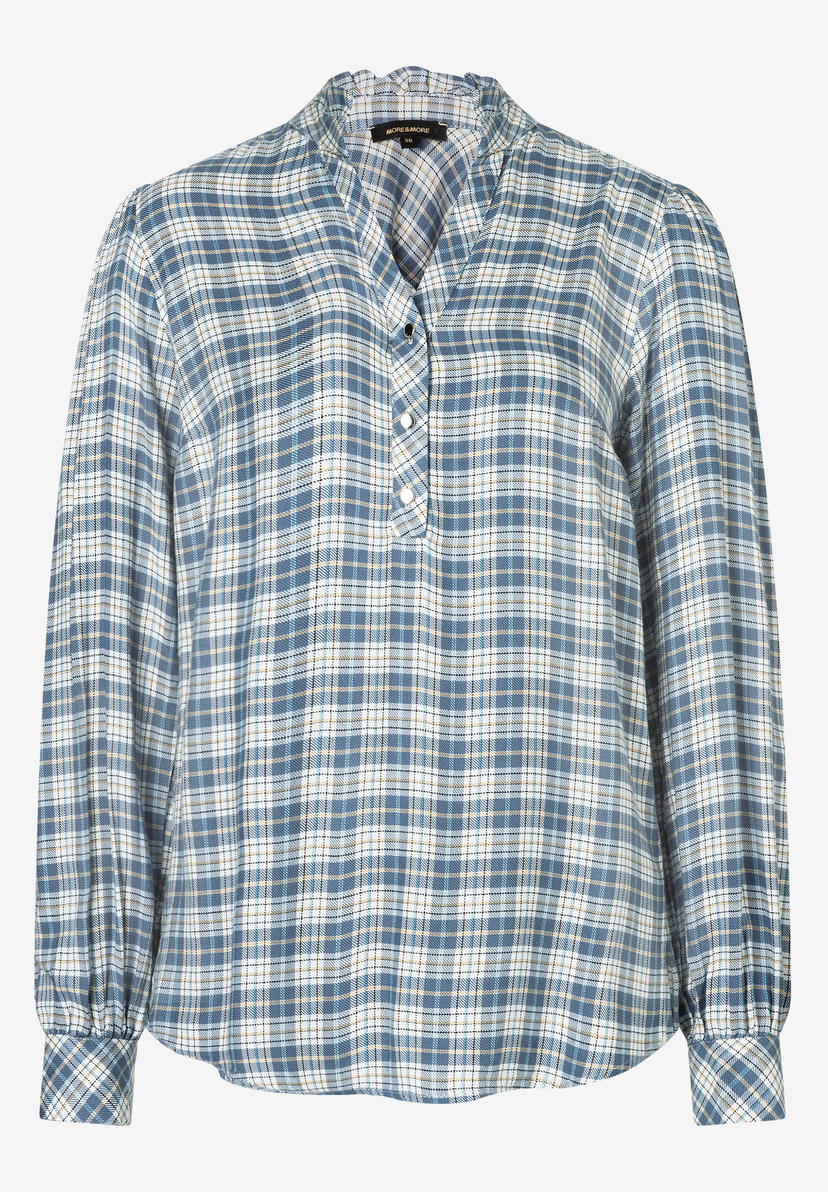 Eine MORE & MORE Bluse mit blauem Karomuster, langen Ärmeln und Knopfleiste. Eine MORE & MORE Bluse mit blauem Karomuster, langen Ärmeln und Knopfleiste.