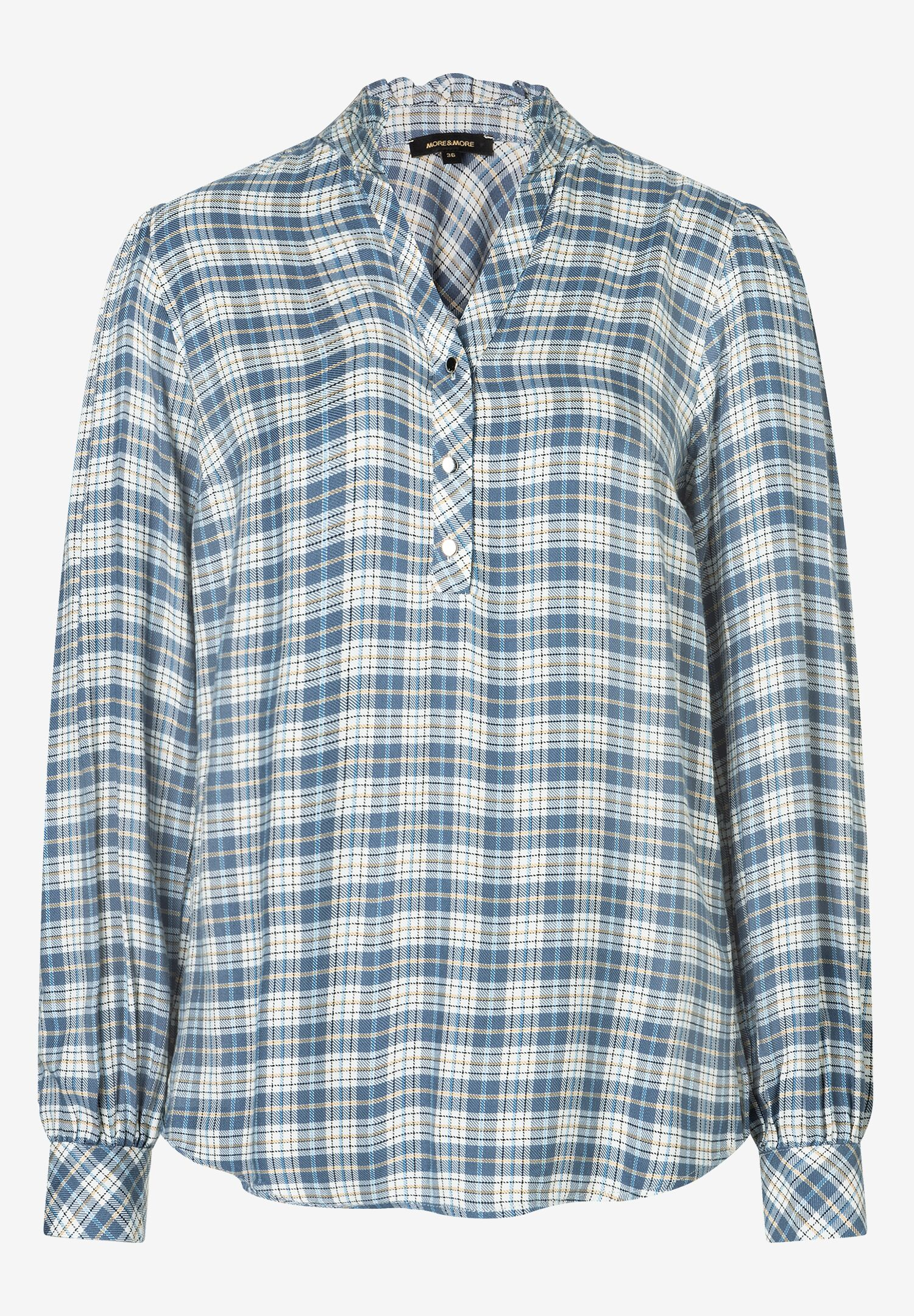 Eine MORE & MORE Bluse mit blauem Karomuster, langen Ärmeln und Knopfleiste. Eine MORE & MORE Bluse mit blauem Karomuster, langen Ärmeln und Knopfleiste.