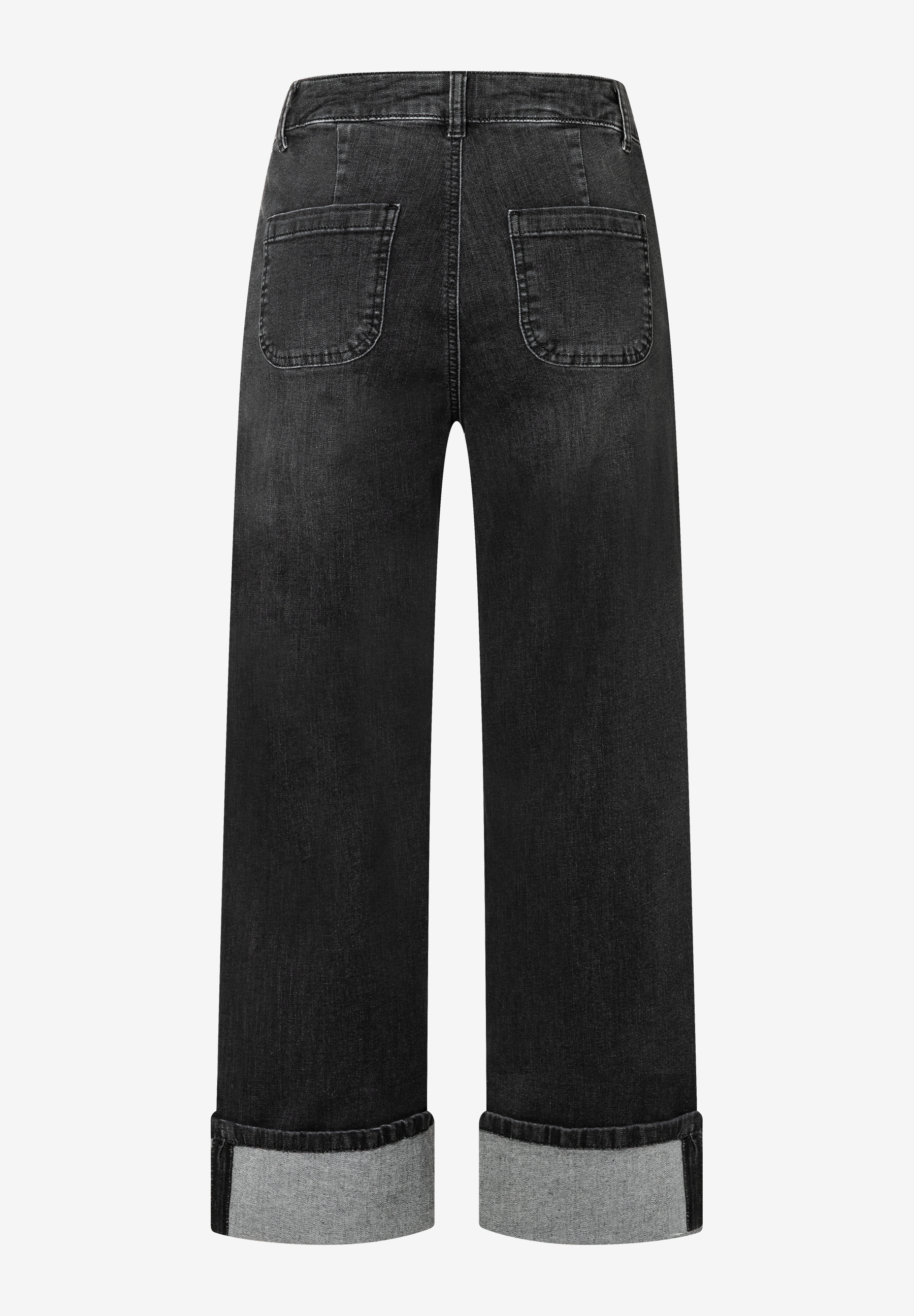 Eine schwarze MORE & MORE Jeans mit hochgekrempelten Beinen von hinten. Eine schwarze MORE & MORE Jeans mit hochgekrempelten Beinen von hinten.