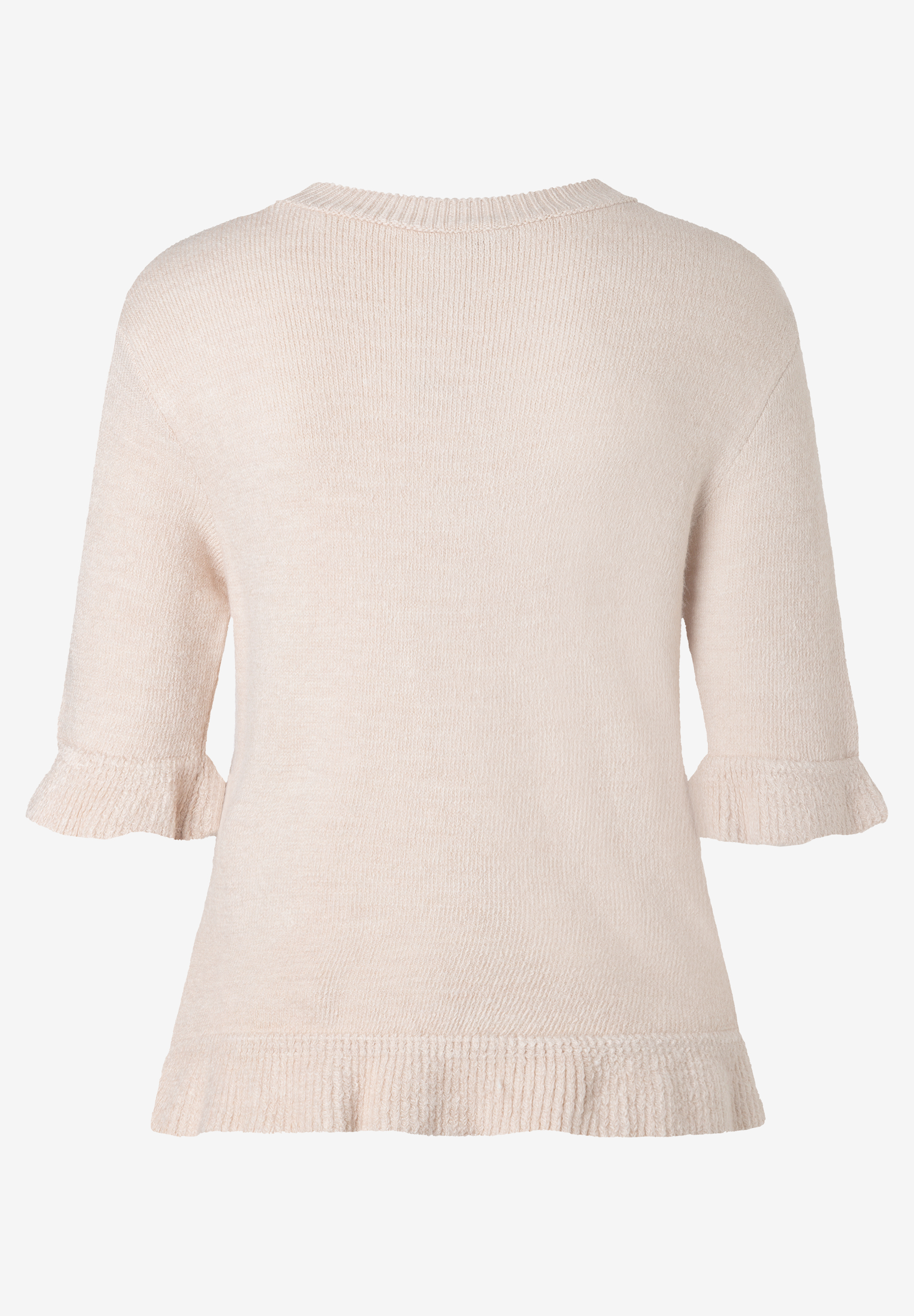 MORE & MORE Damen Pullover aus zartrosa Strickware mit 3/4-Ärmeln und Rüschen an Ärmeln und Saum.