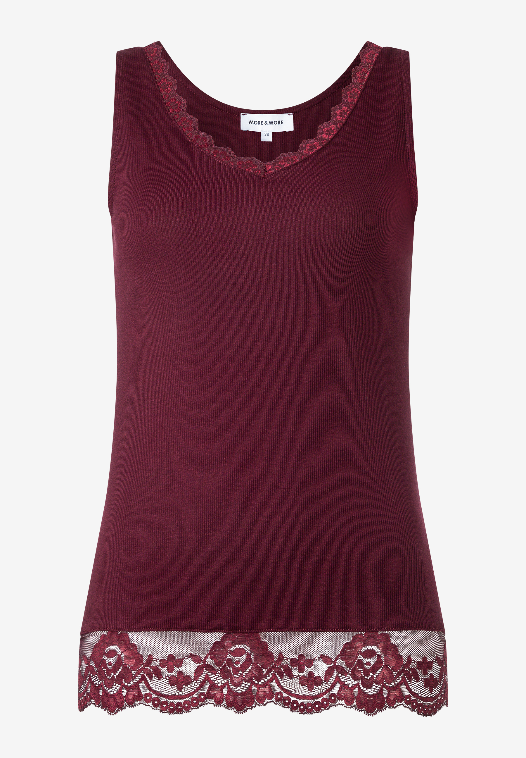 MORE & MORE Rippstrick-Tanktop in Rot mit V-Ausschnitt und eleganter Blumenstickerei am Saum.