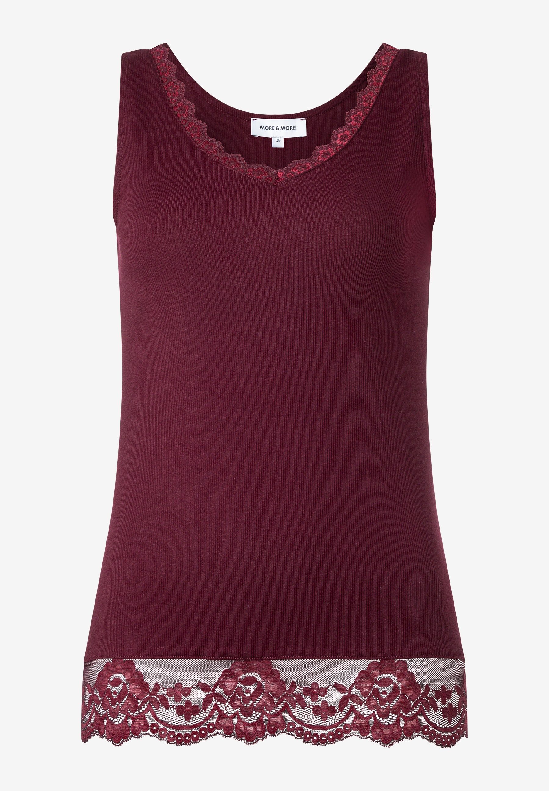 MORE & MORE Rippstrick-Tanktop in Rot mit V-Ausschnitt und eleganter Blumenstickerei am Saum.