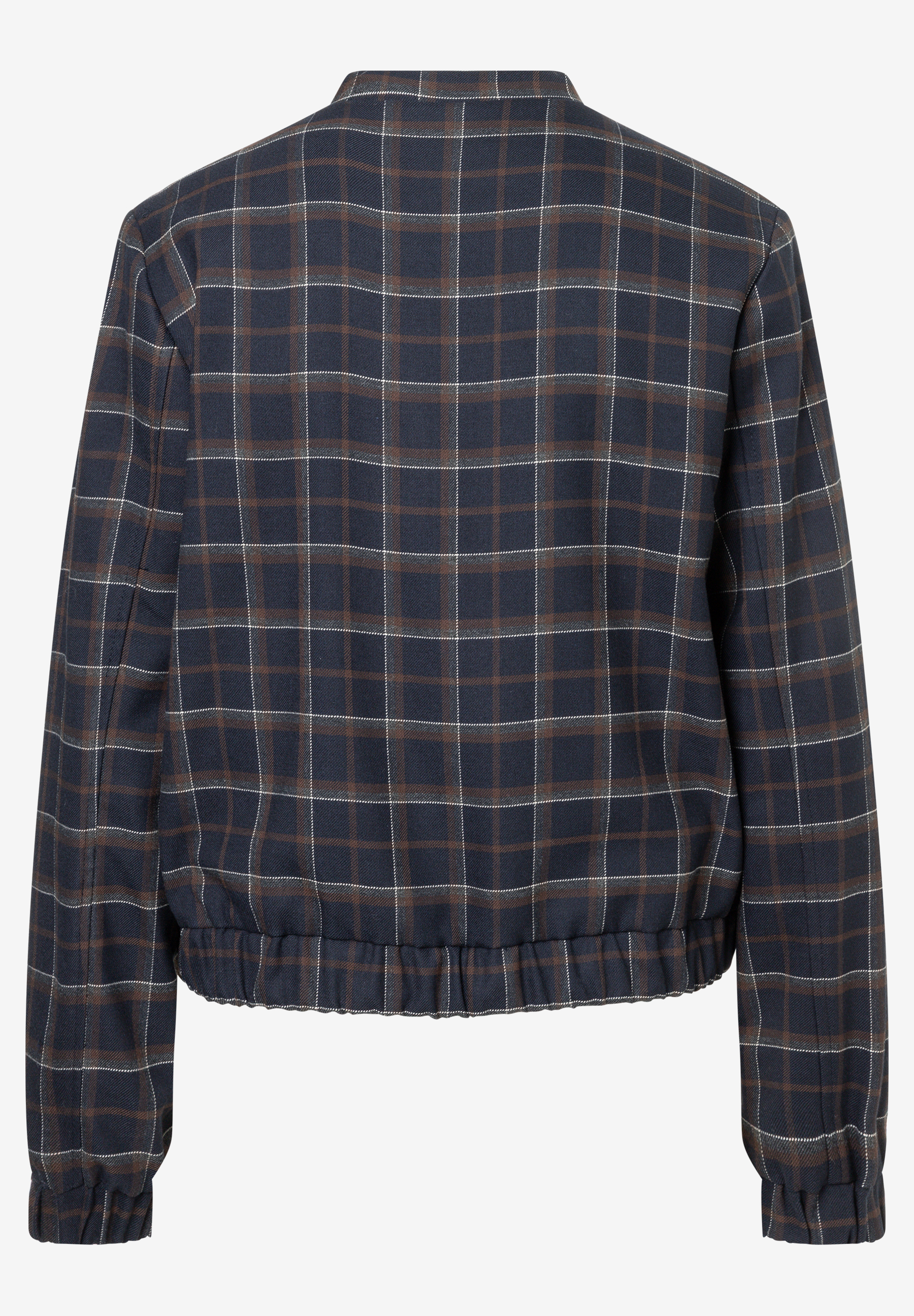 MORE & MORE Kurz-Blazer in Dunkelblau mit braunem und weißem Karomuster. Hinten zu sehen.