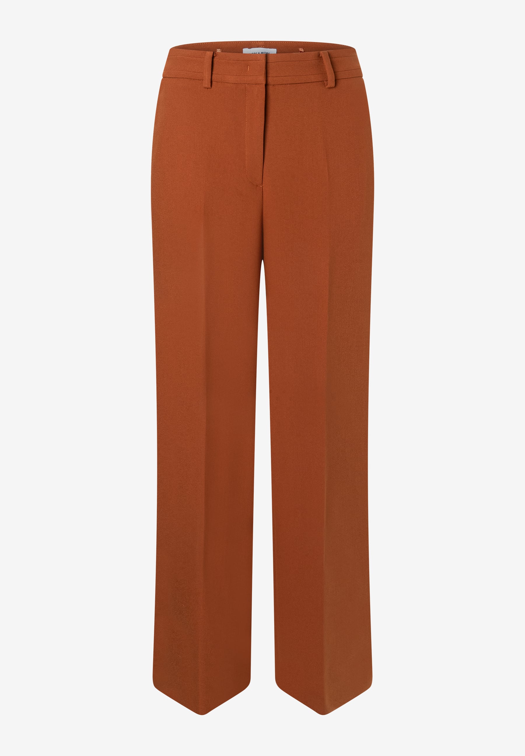 MORE & MORE rustbraune Webware-Jeans mit weitem Bein, Gürtelschlaufen und Knopfverschluss auf weißem Hintergrund. MORE & MORE rustbraune Webware-Jeans mit weitem Bein, Gürtelschlaufen und Knopfverschluss auf weißem Hintergrund.
