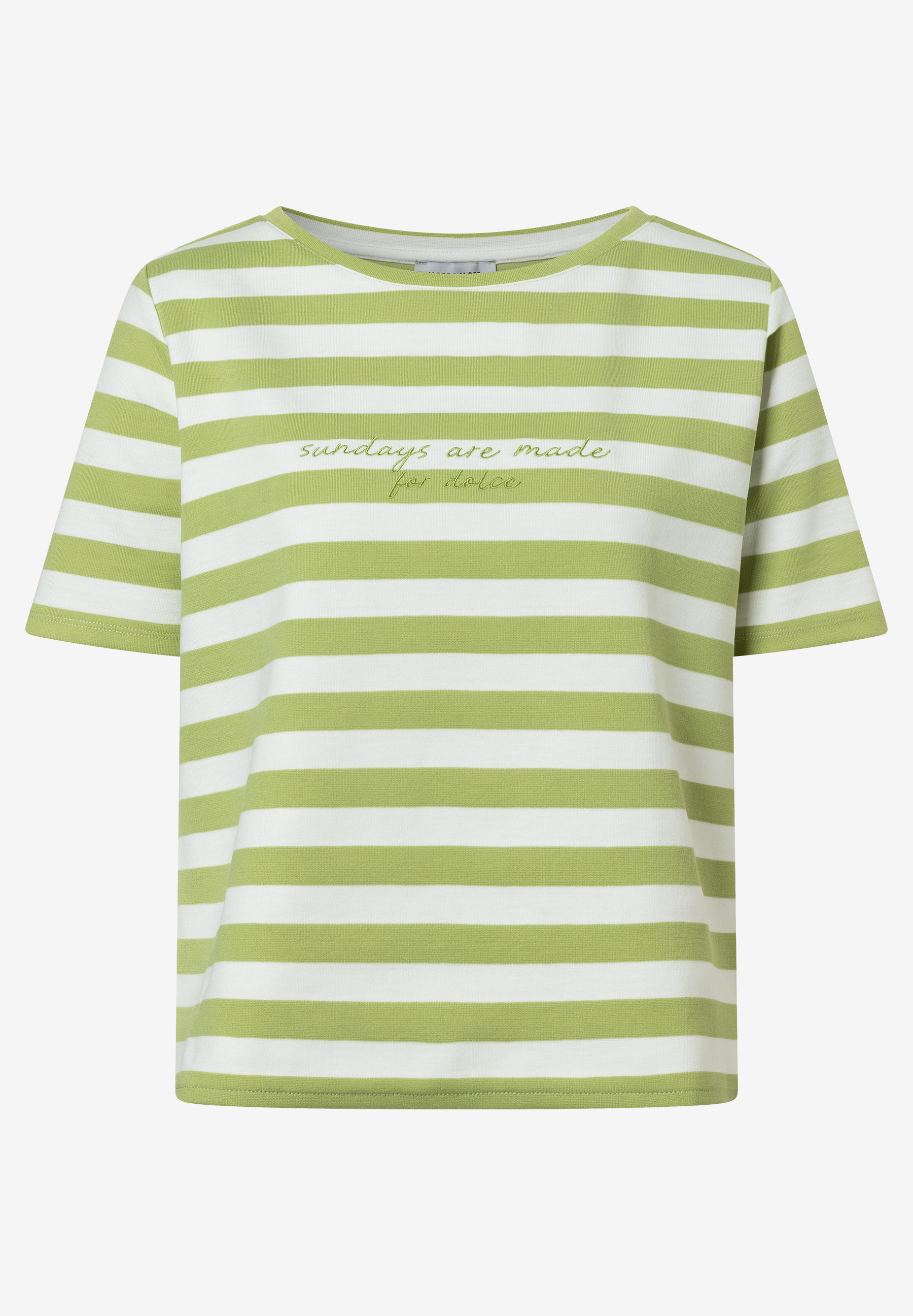 Ein MORE & MORE T-Shirt mit grünen und weißen Streifen und der Aufschrift 'sundays are made for dolce'. Ein MORE & MORE T-Shirt mit grünen und weißen Streifen und der Aufschrift 'sundays are made for dolce'.
