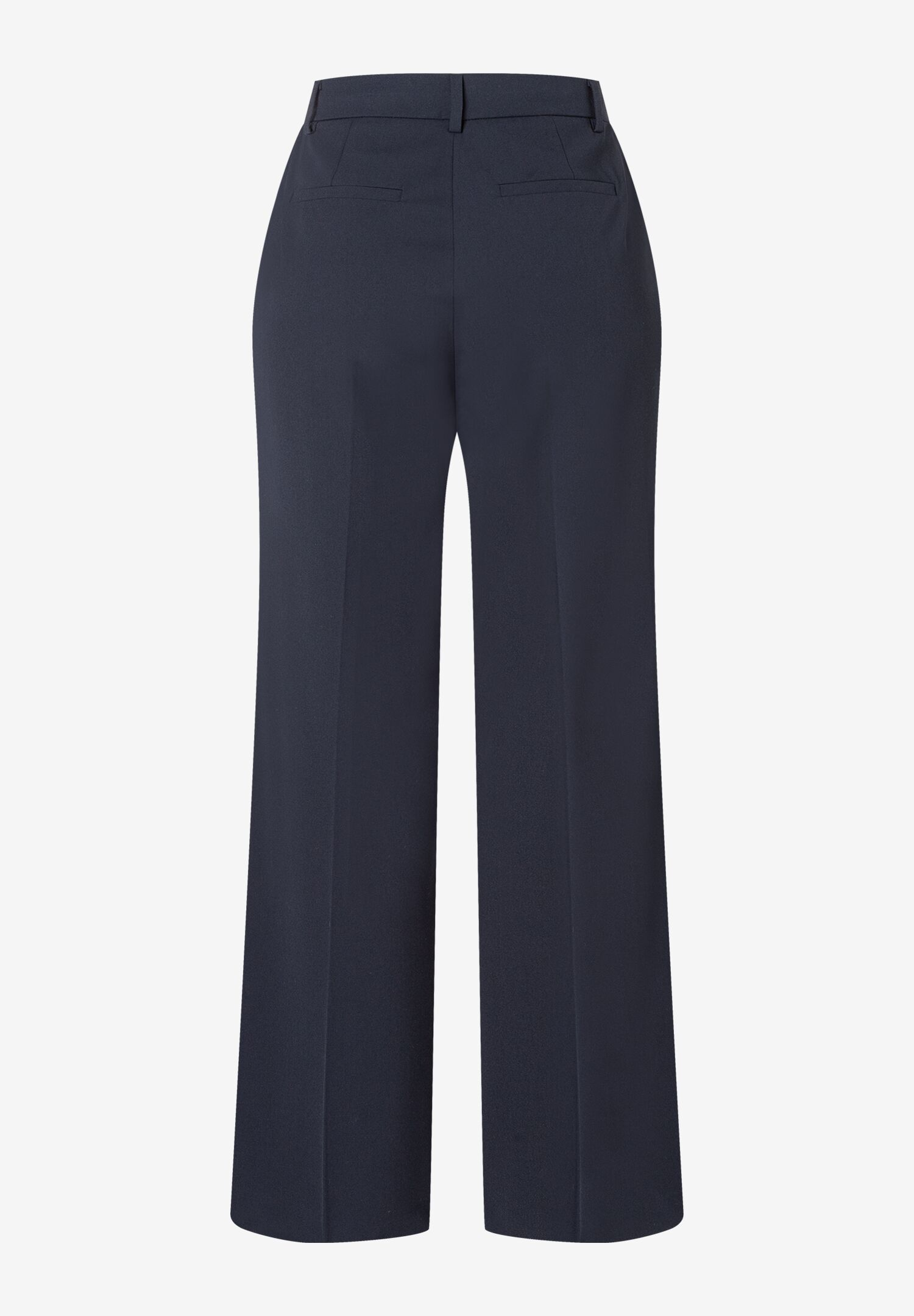 Eine marineblaue MORE & MORE Hose aus Gabardine-Stretchstoff in voller Länge, von hinten aufgenommen. Eine marineblaue MORE & MORE Hose aus Gabardine-Stretchstoff in voller Länge, von hinten aufgenommen.