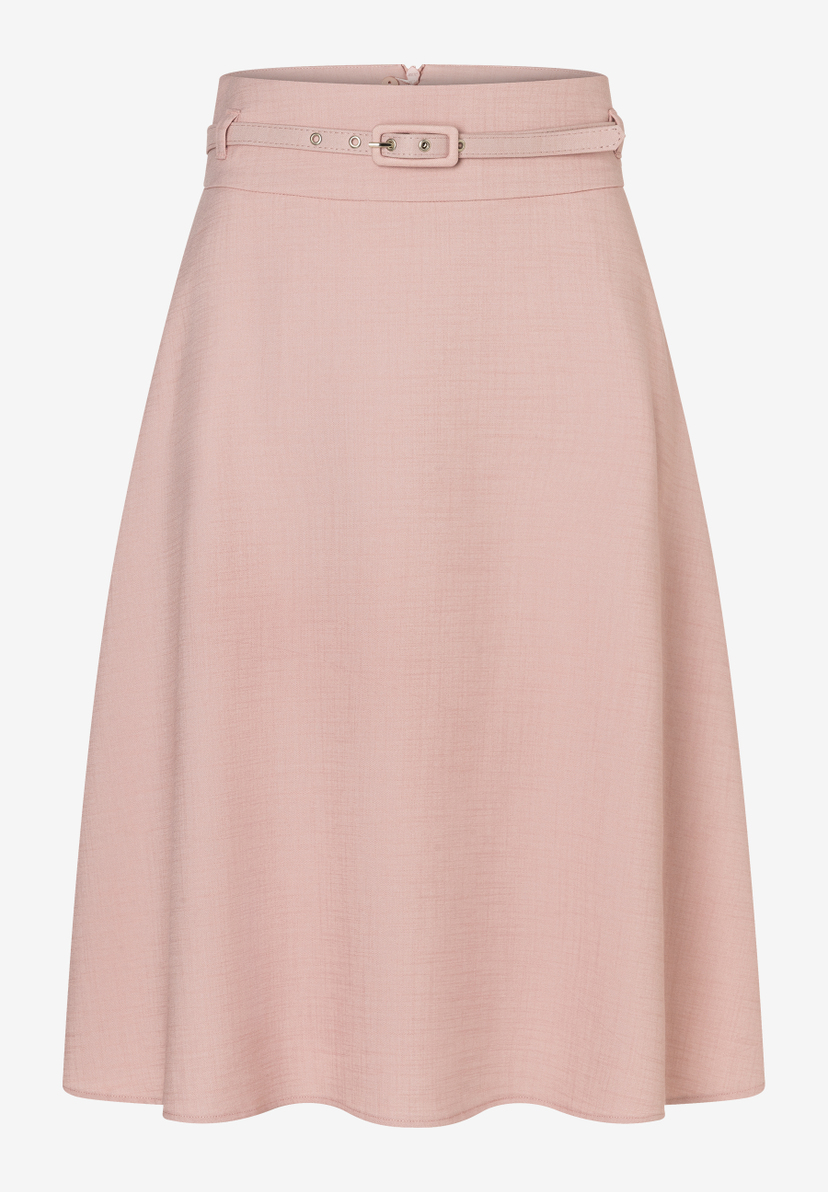 Ein rosafarbener MORE & MORE Rock mit einem schmalen Gürtel und einer silbernen Schnalle Ein rosafarbener MORE & MORE Rock mit einem schmalen Gürtel und einer silbernen Schnalle