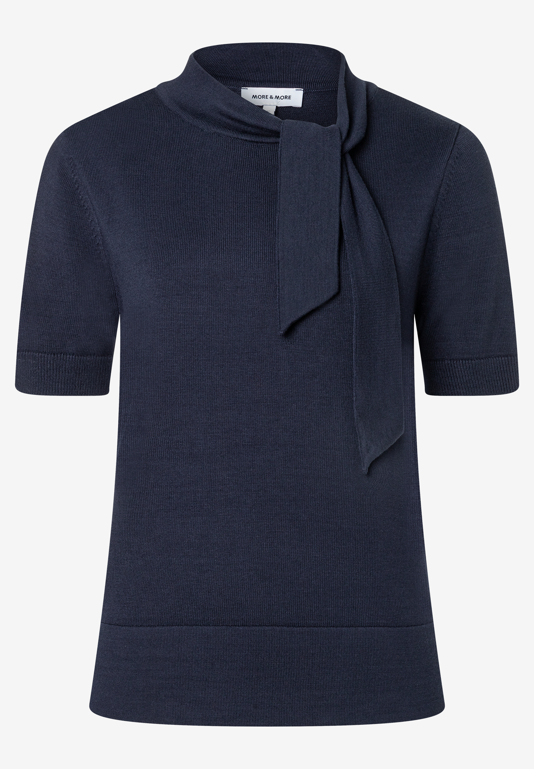 MORE & MORE Feinstrick-Pullover in Navy mit kurzen Ärmeln und Bindedetail am Kragen, angenehm, elastisch, wärmend.