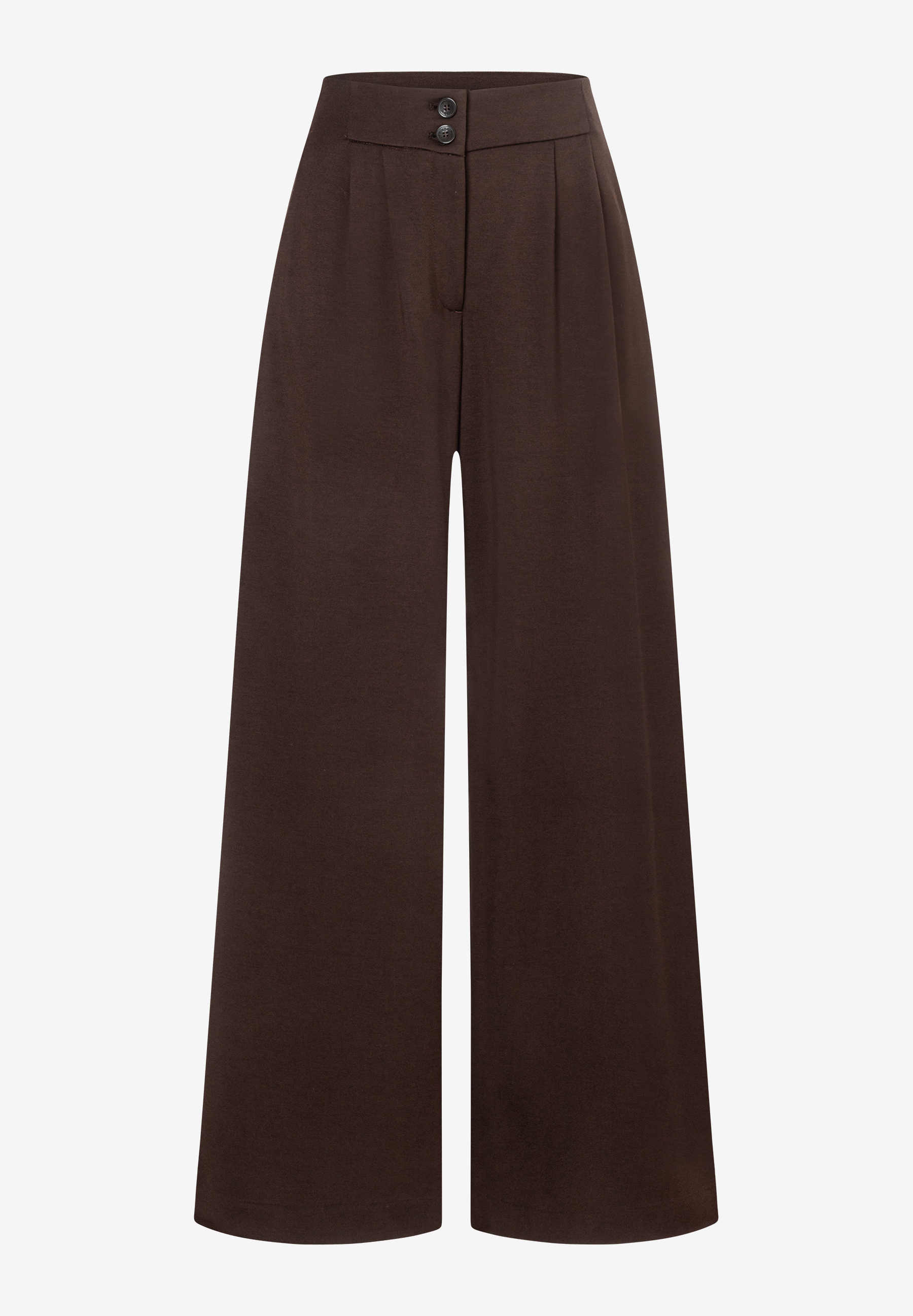MORE & MORE Damenhose in Dunkelbraun, weite Beine, Bügelfalten, zwei schwarze Knöpfe an der Taille