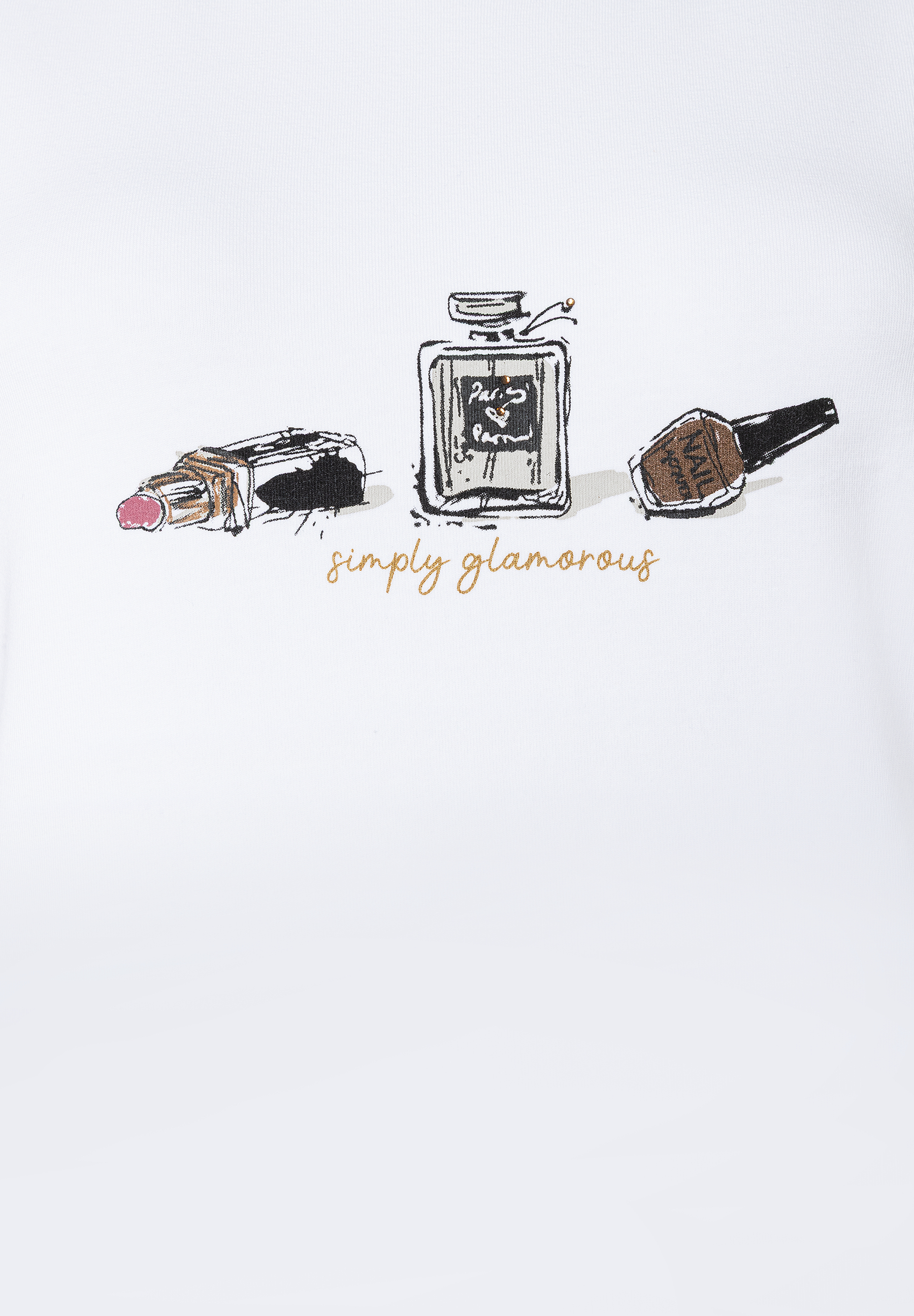 Auf einem MORE & MORE Oberteil sind Lippenstift, Nagellack und Parfum abgebildet. "Simply glamorous" Schriftzug darunter. Auf einem MORE & MORE Oberteil sind Lippenstift, Nagellack und Parfum abgebildet. "Simply glamorous" Schriftzug darunter.