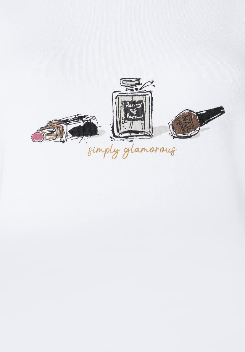 Auf einem MORE & MORE Oberteil sind Lippenstift, Nagellack und Parfum abgebildet. "Simply glamorous" Schriftzug darunter. Auf einem MORE & MORE Oberteil sind Lippenstift, Nagellack und Parfum abgebildet. "Simply glamorous" Schriftzug darunter.