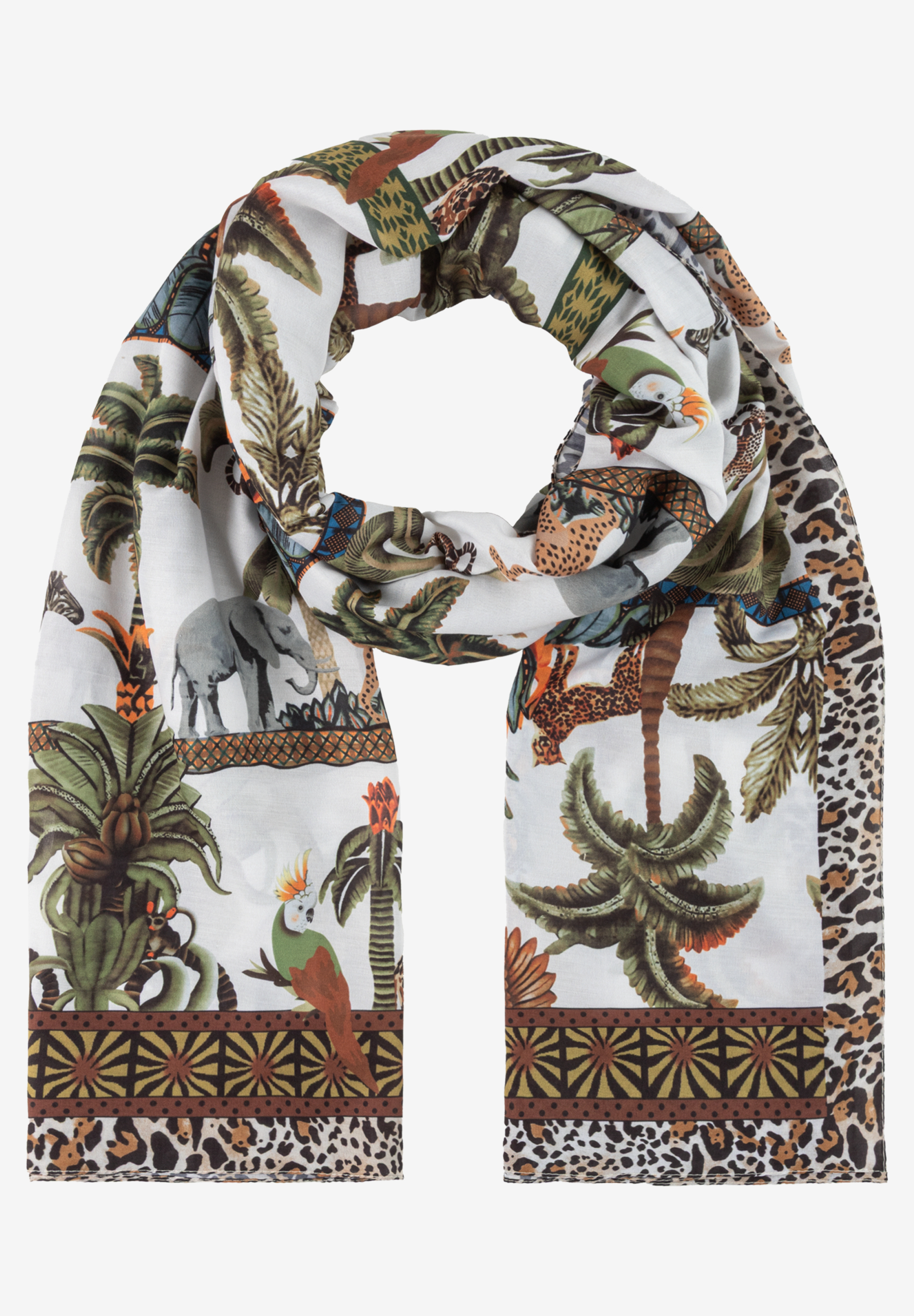 MORE & MORE Schal: Weißer Schal mit detailreichen Dschungel-Motiven wie Leoparden, Elefanten, Vögeln, Zebras und Palmen. MORE & MORE Schal: Weißer Schal mit detailreichen Dschungel-Motiven wie Leoparden, Elefanten, Vögeln, Zebras und Palmen.