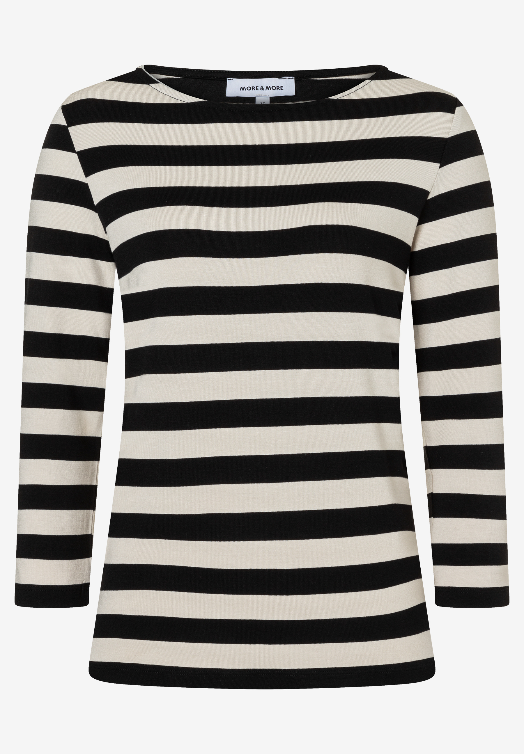 MORE & MORE Ringel-Shirt in Schwarz-Naturweiß, mit Rundhalsausschnitt und 3/4-Ärmeln.