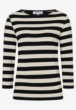 MORE & MORE Ringel-Shirt in Schwarz-Naturweiß, mit Rundhalsausschnitt und 3/4-Ärmeln.