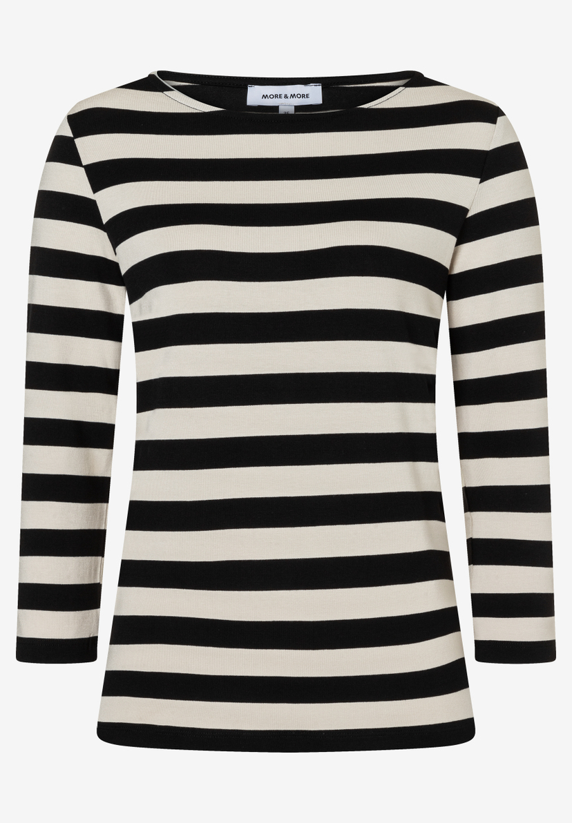 MORE & MORE Ringel-Shirt in Schwarz-Naturweiß, mit Rundhalsausschnitt und 3/4-Ärmeln.