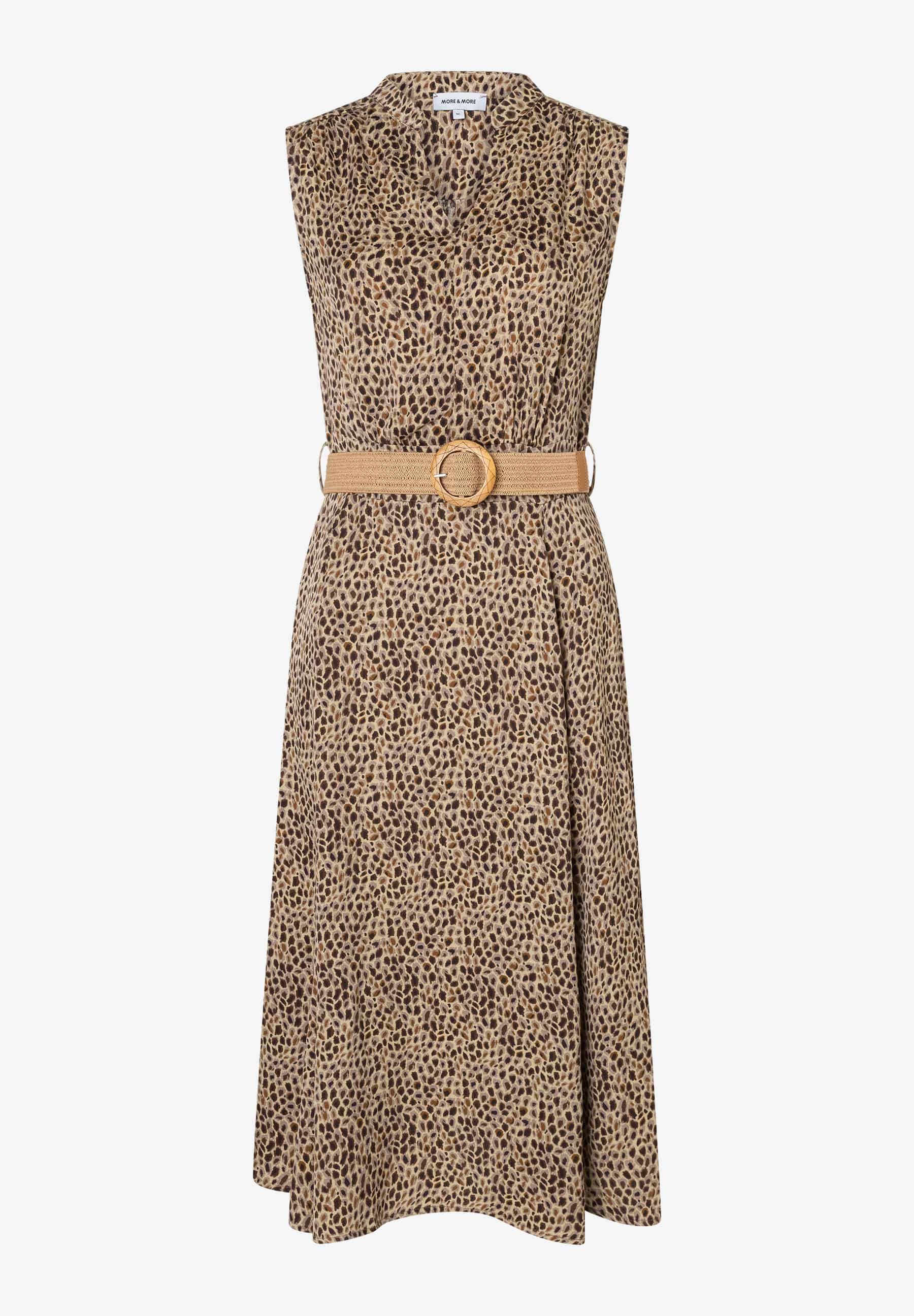 MORE & MORE Damen-Midikleid in Braun mit Leopardenmuster, V-Ausschnitt, ärmellos und beigem Gürtel. MORE & MORE Damen-Midikleid in Braun mit Leopardenmuster, V-Ausschnitt, ärmellos und beigem Gürtel.