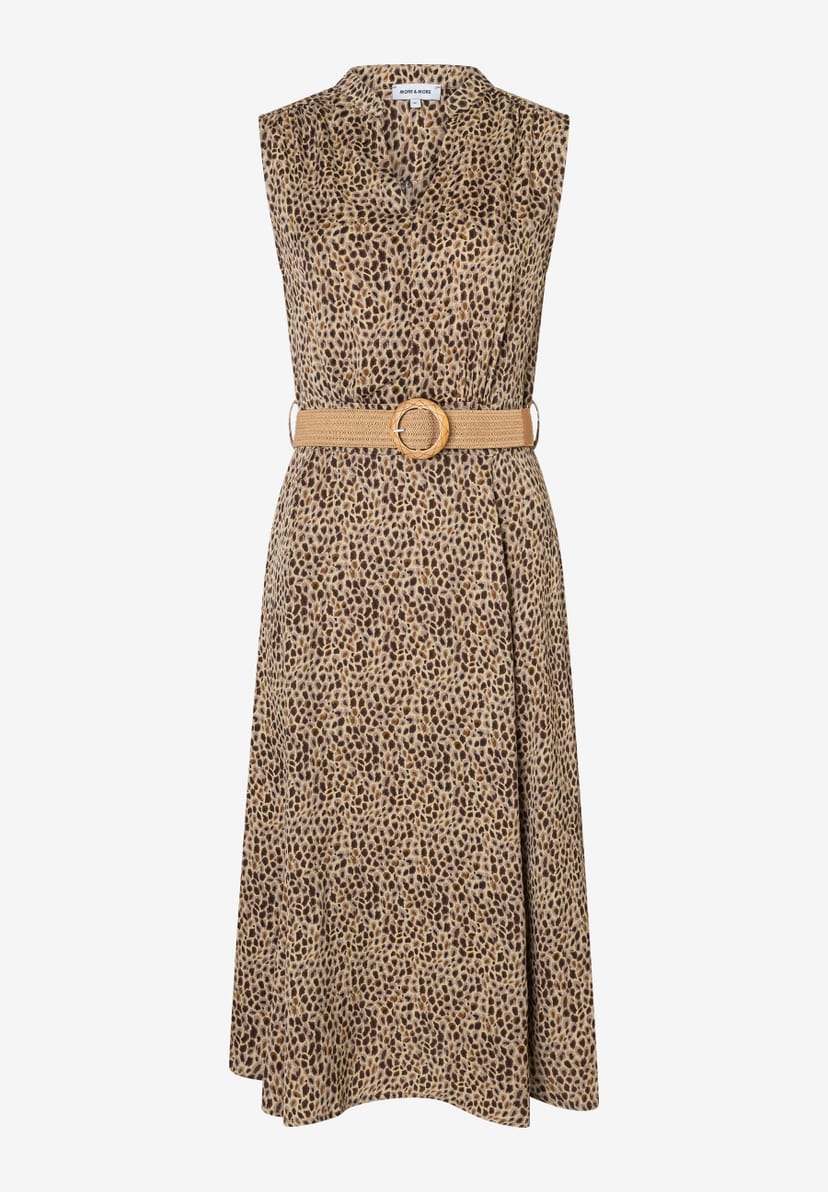 MORE & MORE Damen-Midikleid in Braun mit Leopardenmuster, V-Ausschnitt, ärmellos und beigem Gürtel. MORE & MORE Damen-Midikleid in Braun mit Leopardenmuster, V-Ausschnitt, ärmellos und beigem Gürtel.