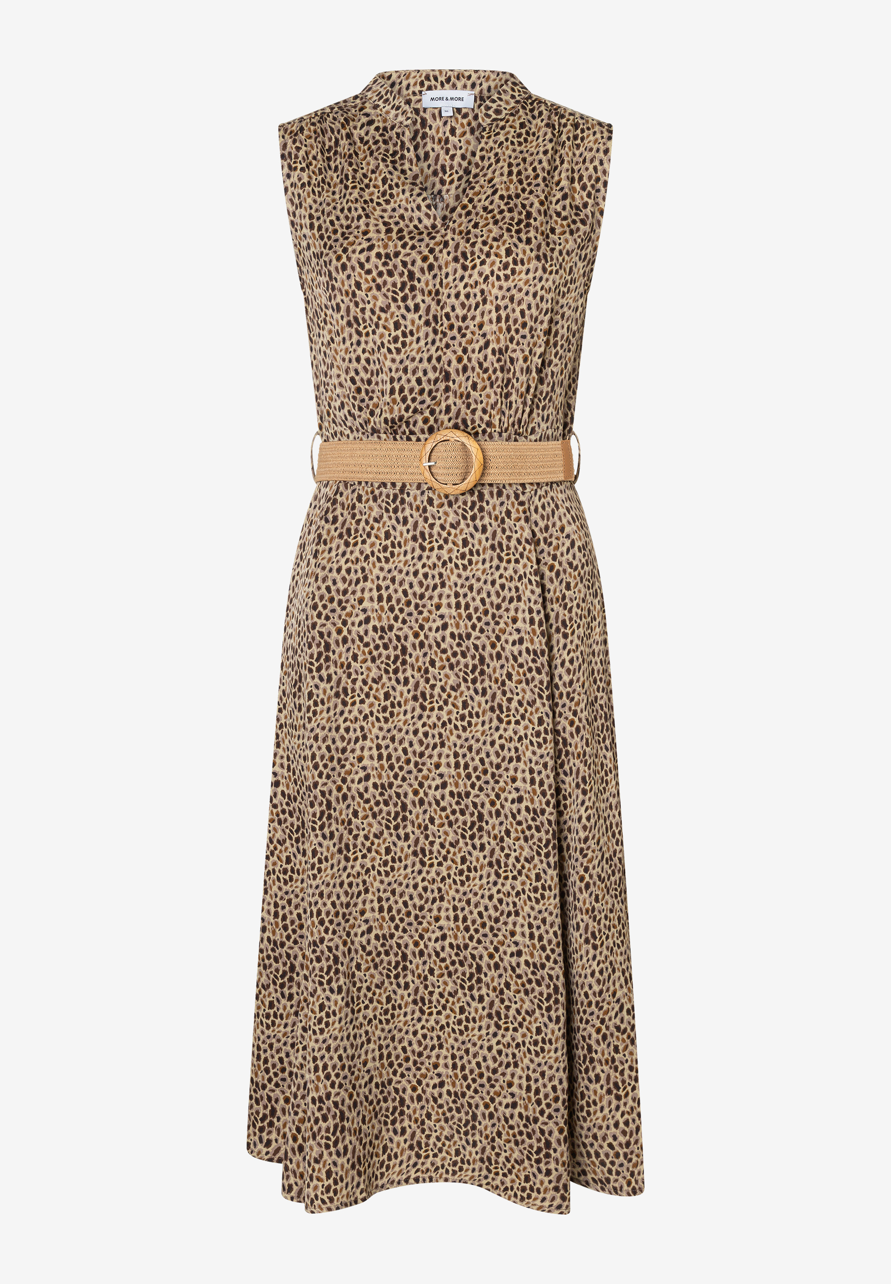 MORE & MORE Damen-Midikleid in Braun mit Leopardenmuster, V-Ausschnitt, ärmellos und beigem Gürtel. MORE & MORE Damen-Midikleid in Braun mit Leopardenmuster, V-Ausschnitt, ärmellos und beigem Gürtel.