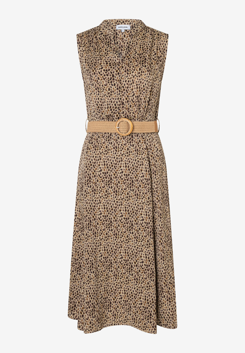 MORE & MORE Damen-Midikleid in Braun mit Leopardenmuster, V-Ausschnitt, ärmellos und beigem Gürtel. MORE & MORE Damen-Midikleid in Braun mit Leopardenmuster, V-Ausschnitt, ärmellos und beigem Gürtel.
